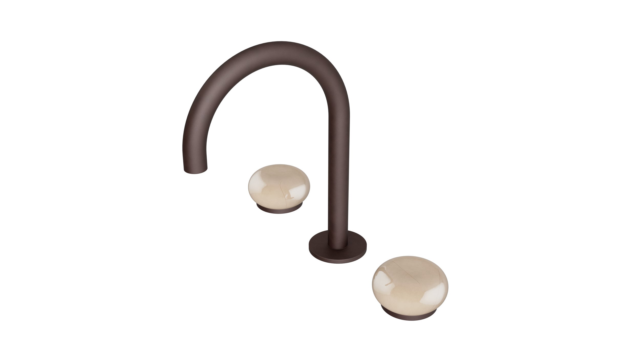 Foundry Two Handle Deck Mount Gooseneck Lavatory Faucet with Pebble Ceramic Knob Handles in Architectural Copper