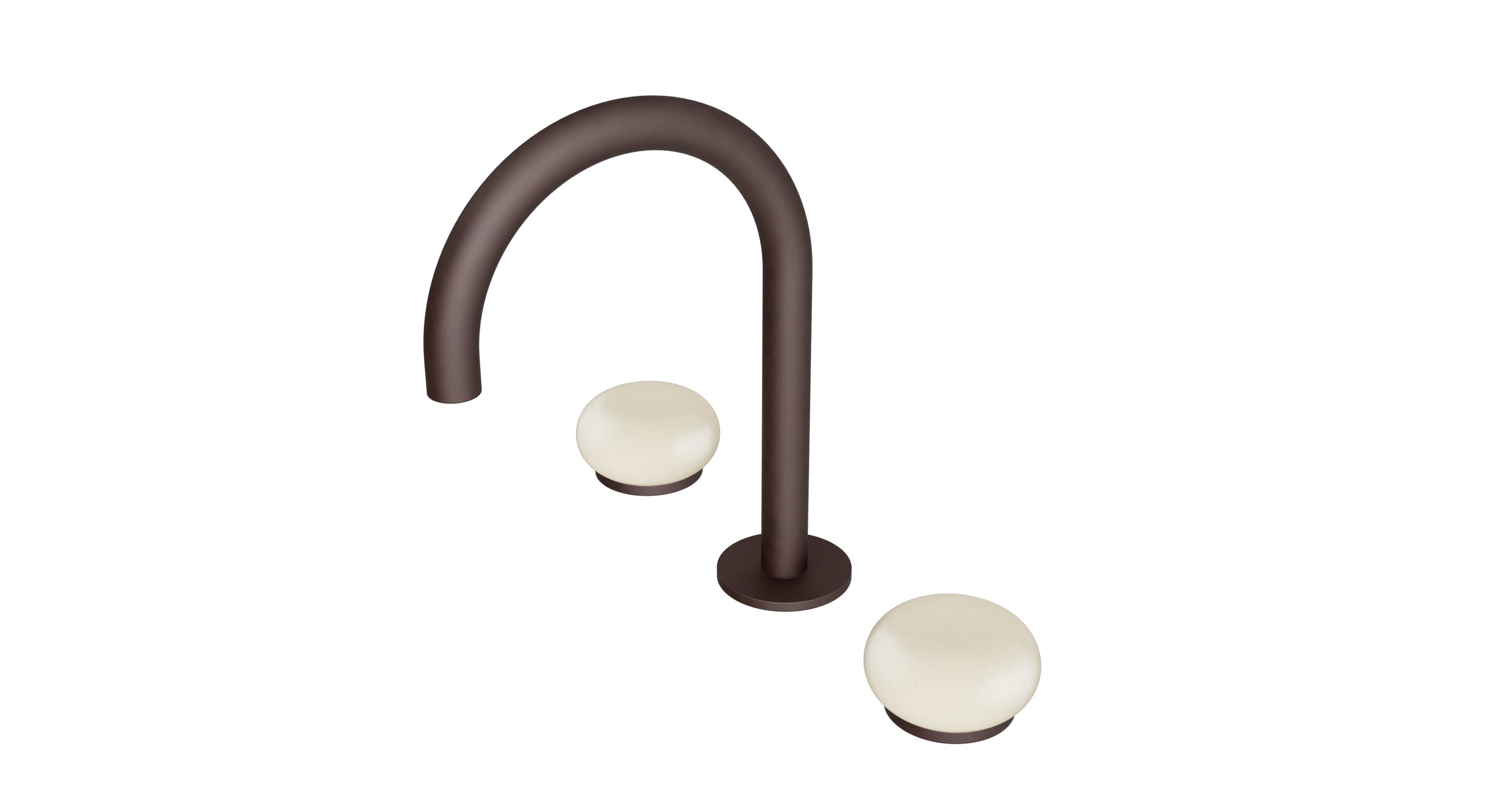 Foundry Two Handle Deck Mount Gooseneck Lavatory Faucet with Pebble Ceramic Knob Handles in Architectural Copper