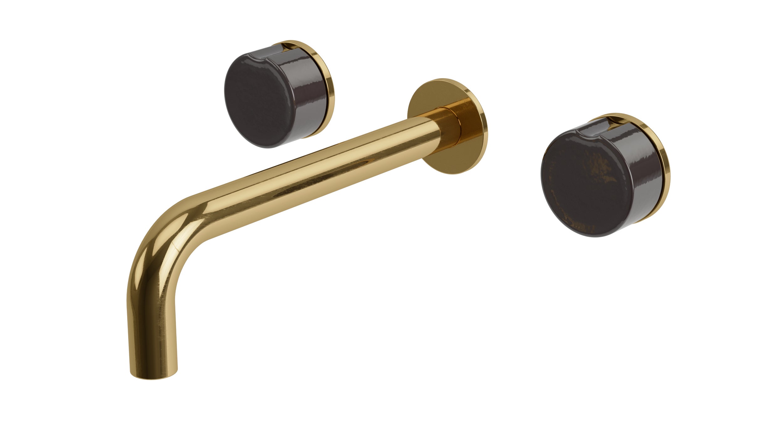 Foundry Two Handle Wall Mount 7.5" Lavatory Faucet with Groove Ceramic Knob Handles in Uncoated Polished Brass