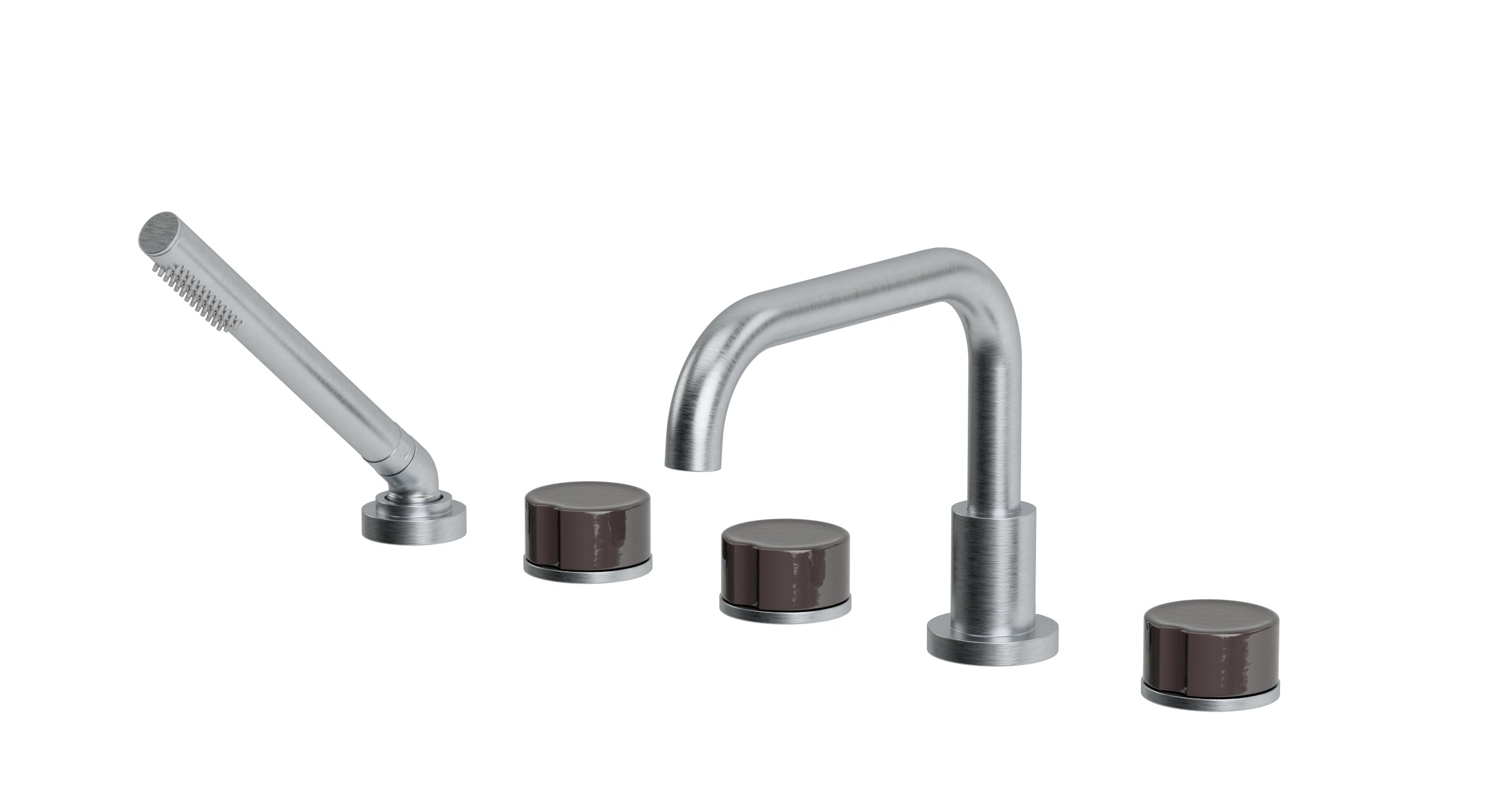 Foundry Three Handle Deck Mount Squaretop Bath Trim with Hand Shower and Groove Ceramic Knob Handles in Satin Chrome