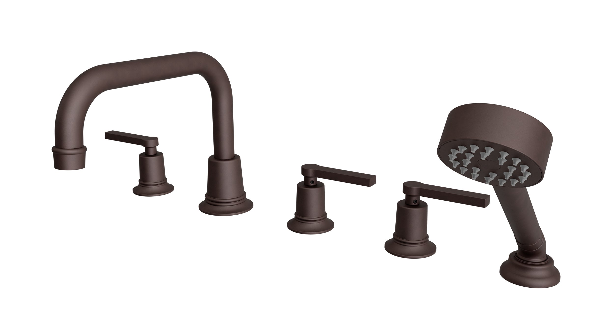 Emerson Three Handle Deck Mount Squaretop Bath Trim with Hand Shower and Classic Lever Handles in Architectural Copper