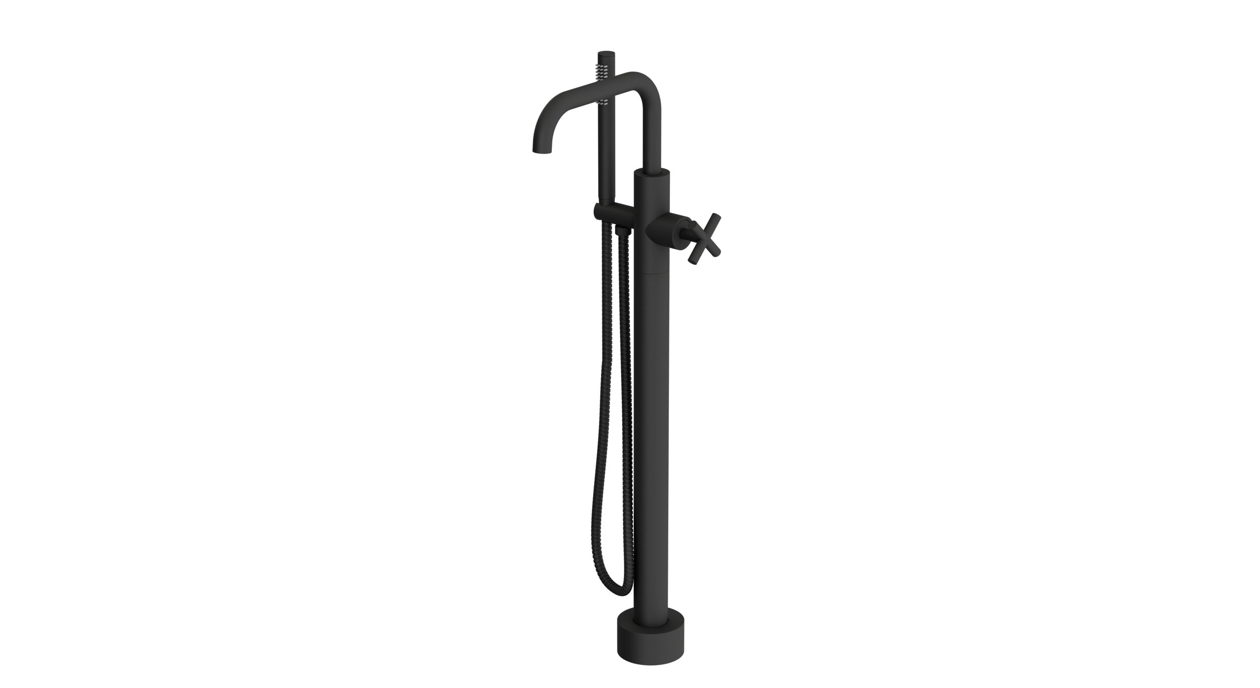 Contour One Handle Floor Mount Squaretop Bath Trim with Hand Shower and Soft Cross Handle in Matte Black
