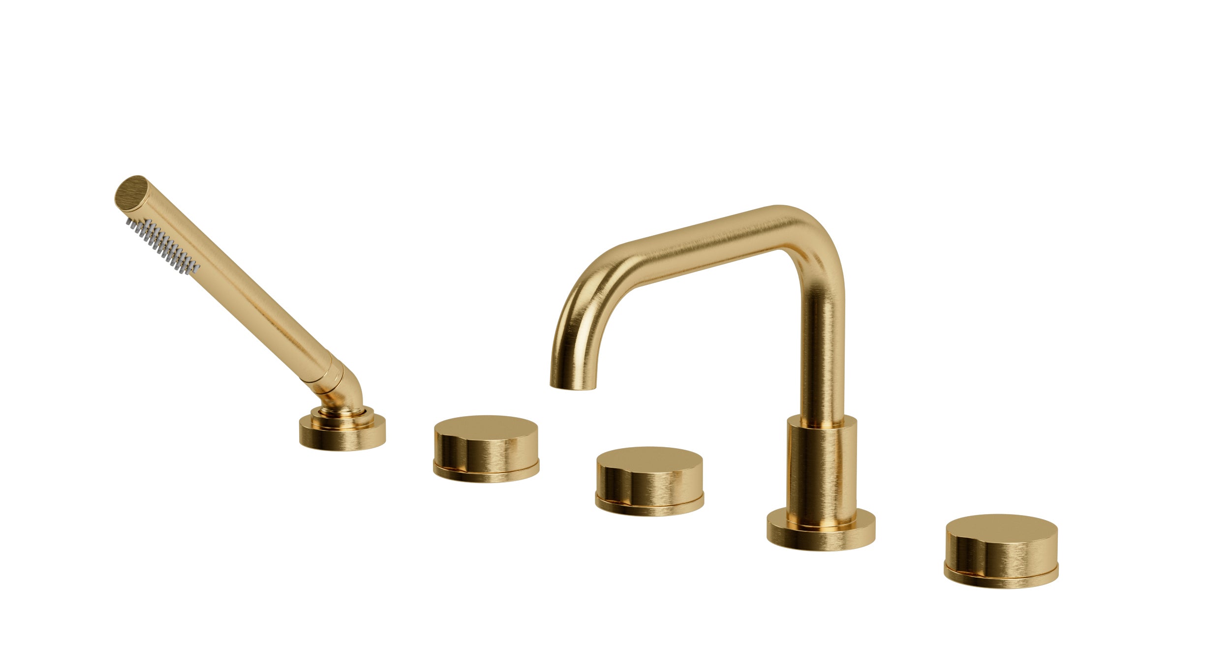 Foundry Three Handle Deck Mount Squaretop Bath Trim with Hand Shower and Circle Knob Handles in Satin Brass