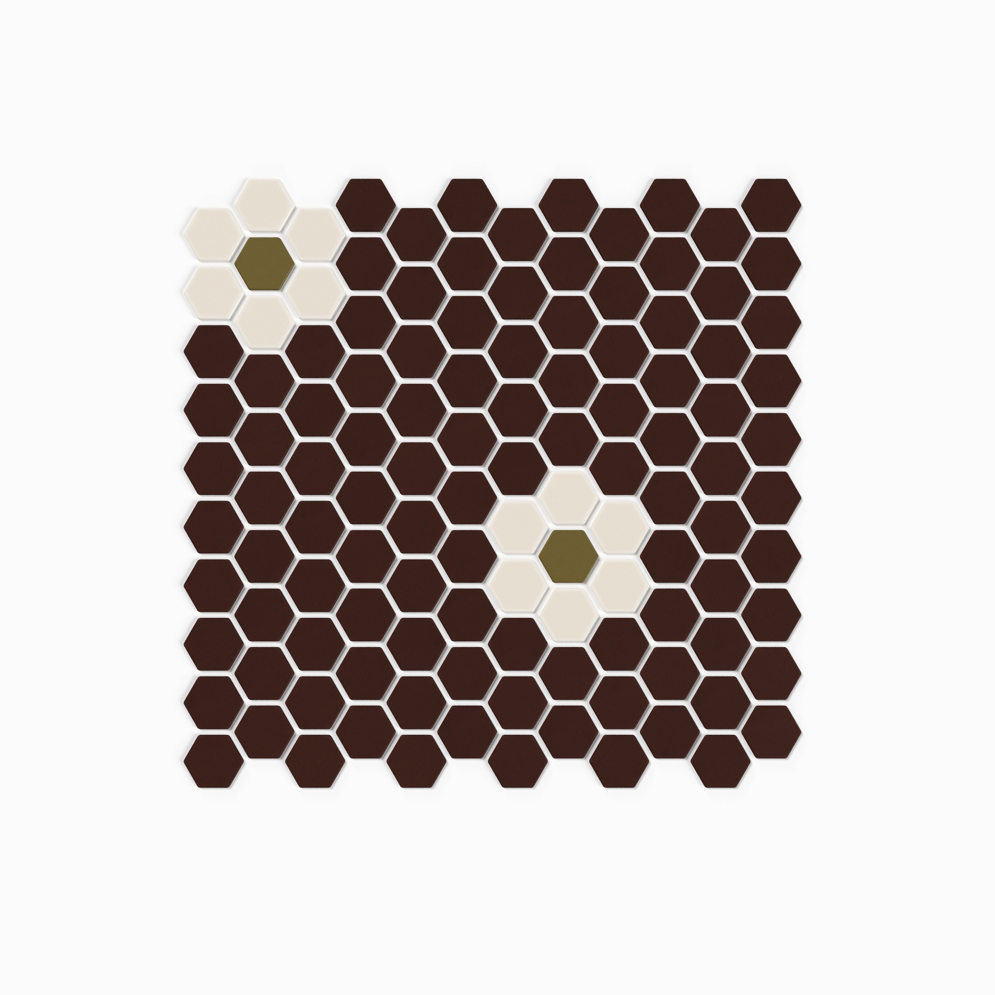 1" Hexagon Double Daisy Sheeted Original Ceramic Tile in Garnet Matte, Sand Dune Matte & Chaparral Matte
