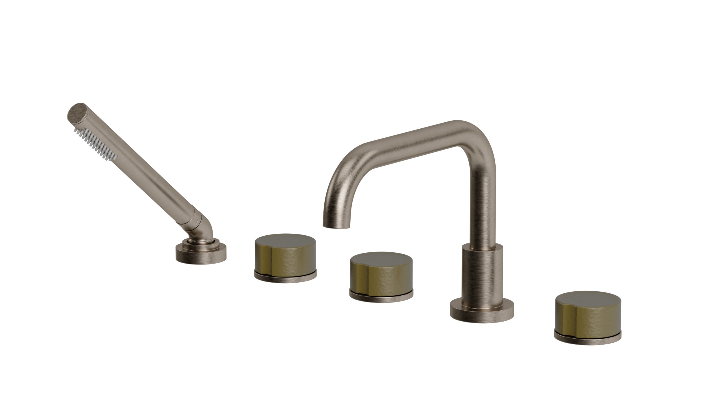 Foundry Three Handle Deck Mount Squaretop Bath Trim with Hand Shower and Groove Ceramic Knob Handles in Antique Nickel