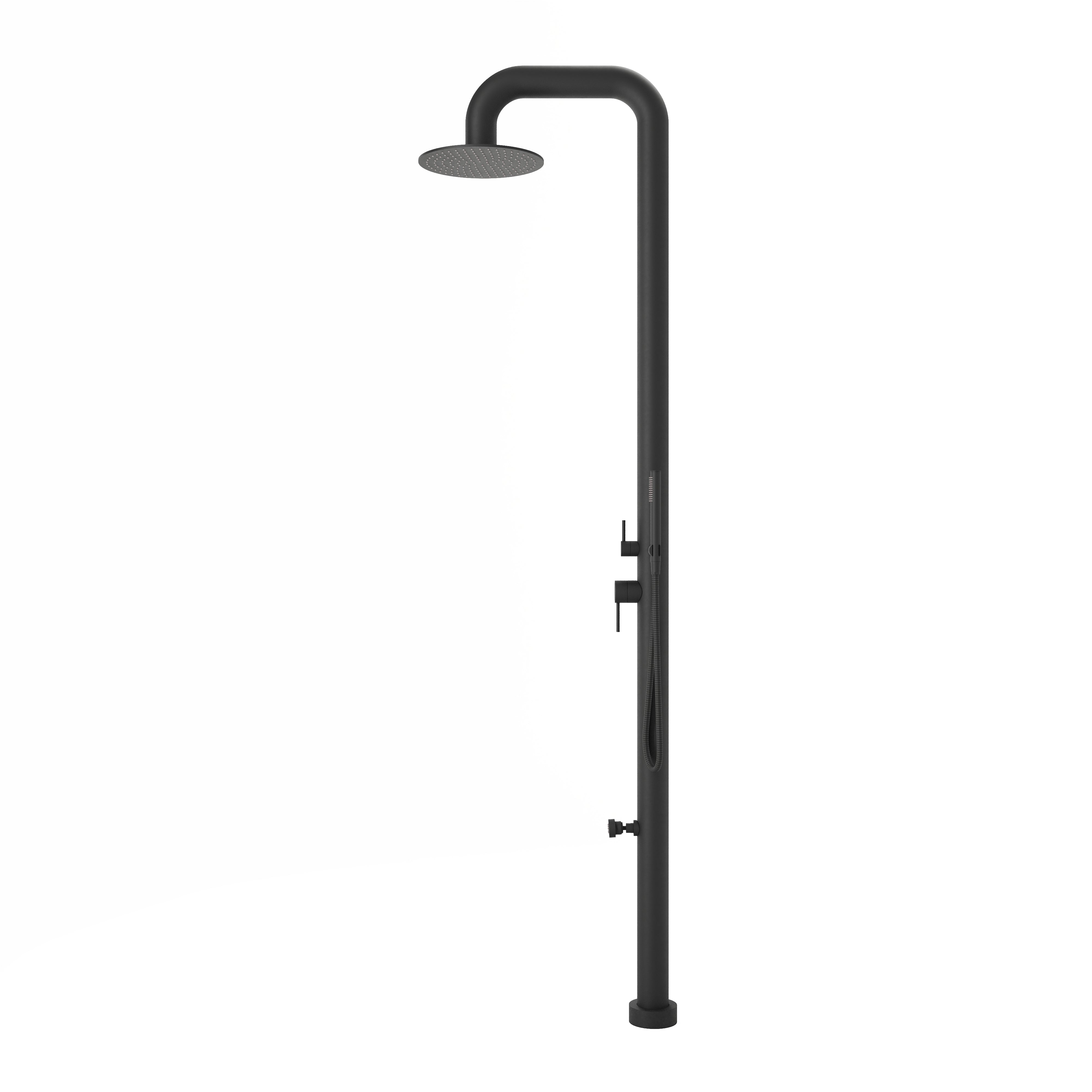 Contour Outdoor Shower Pressure Balance with 12" Rain Head, Hand Shower, and Foot Wash in Matte Black