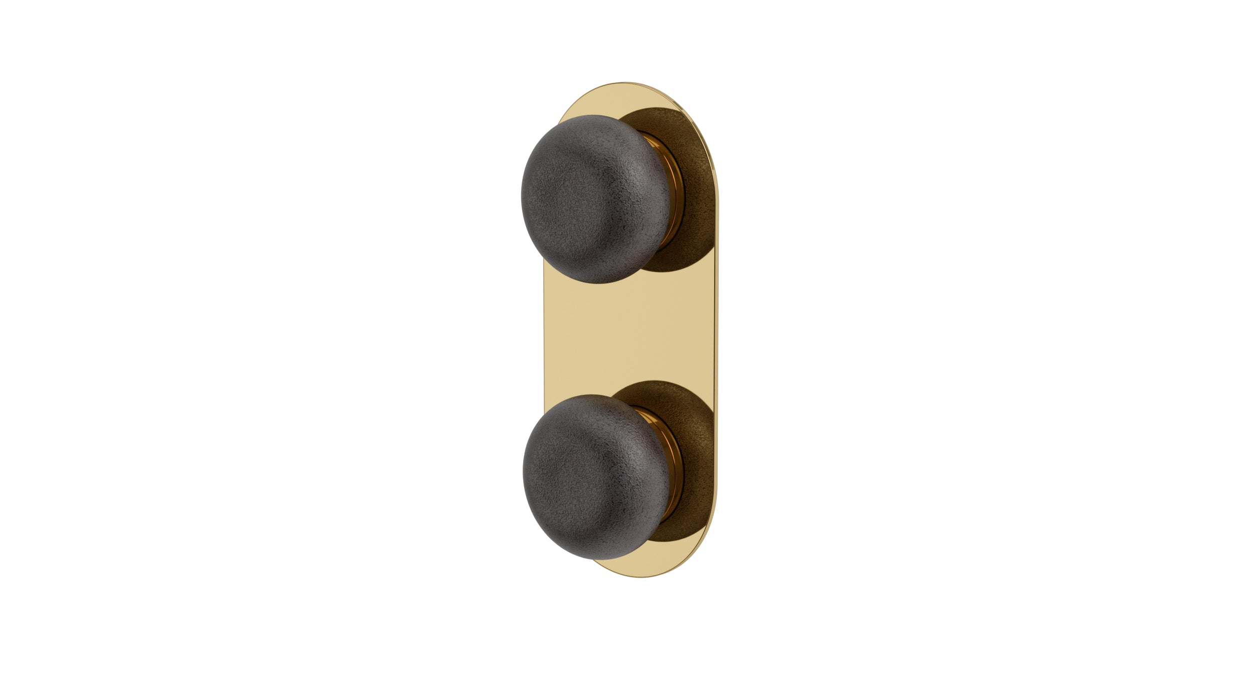 Foundry Two Handle Wall Mount Shower Trim with Pebble Ceramic Knob Handles in Polished Brass