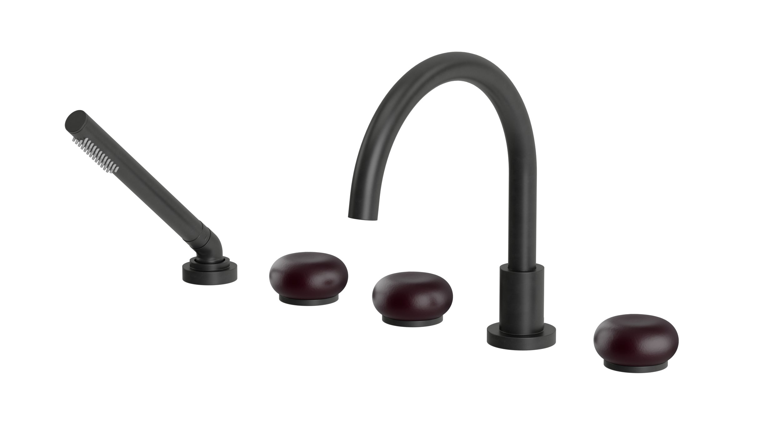Foundry Three Handle Deck Mount Gooseneck Bath Trim with Hand Shower and Pebble Ceramic Knob Handles in Oil Rubbed Bronze