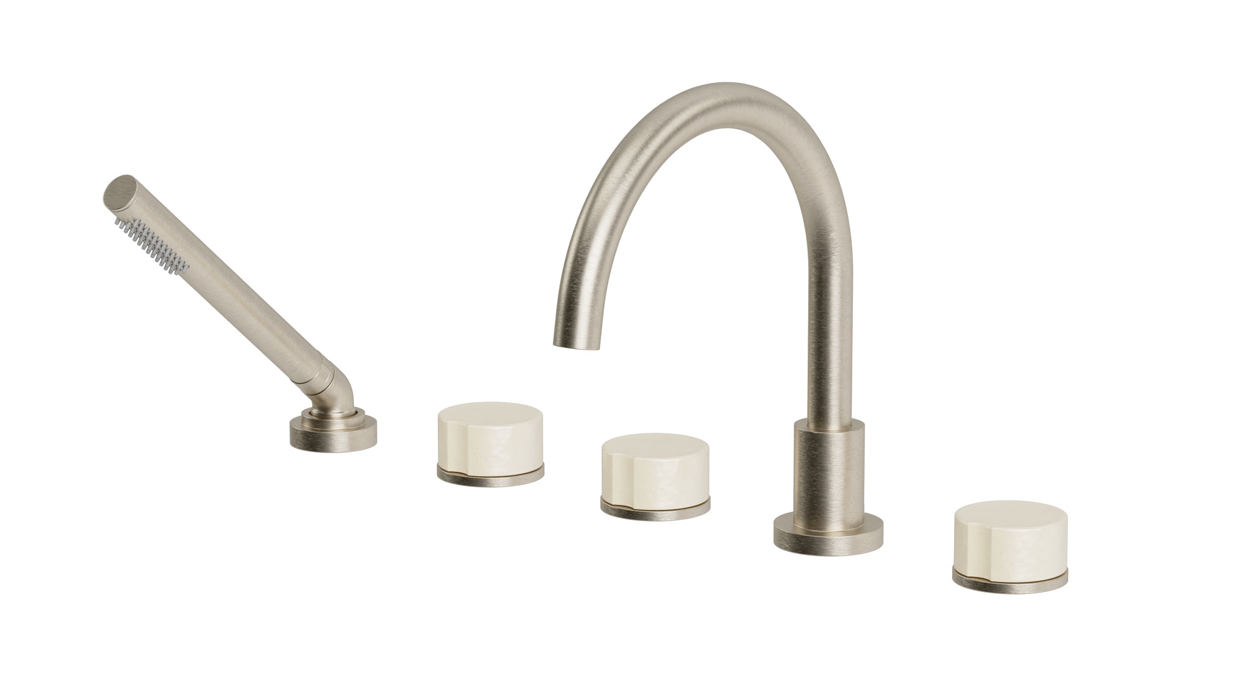 Foundry Three Handle Deck Mount Gooseneck Bath Trim with Hand Shower and Groove Ceramic Knob Handles in Satin Nickel