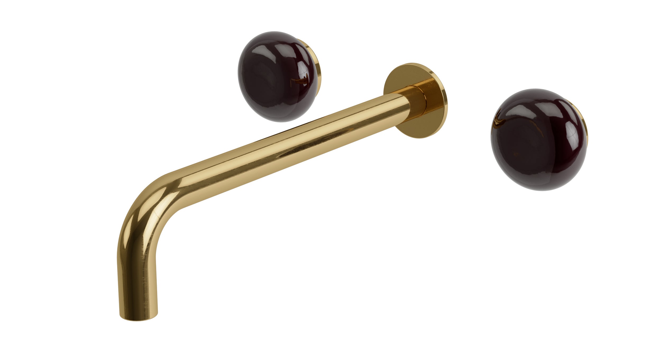 Foundry Two Handle Wall Mount 10" Lavatory Faucet with Pebble Ceramic Knob Handles in Uncoated Polished Brass