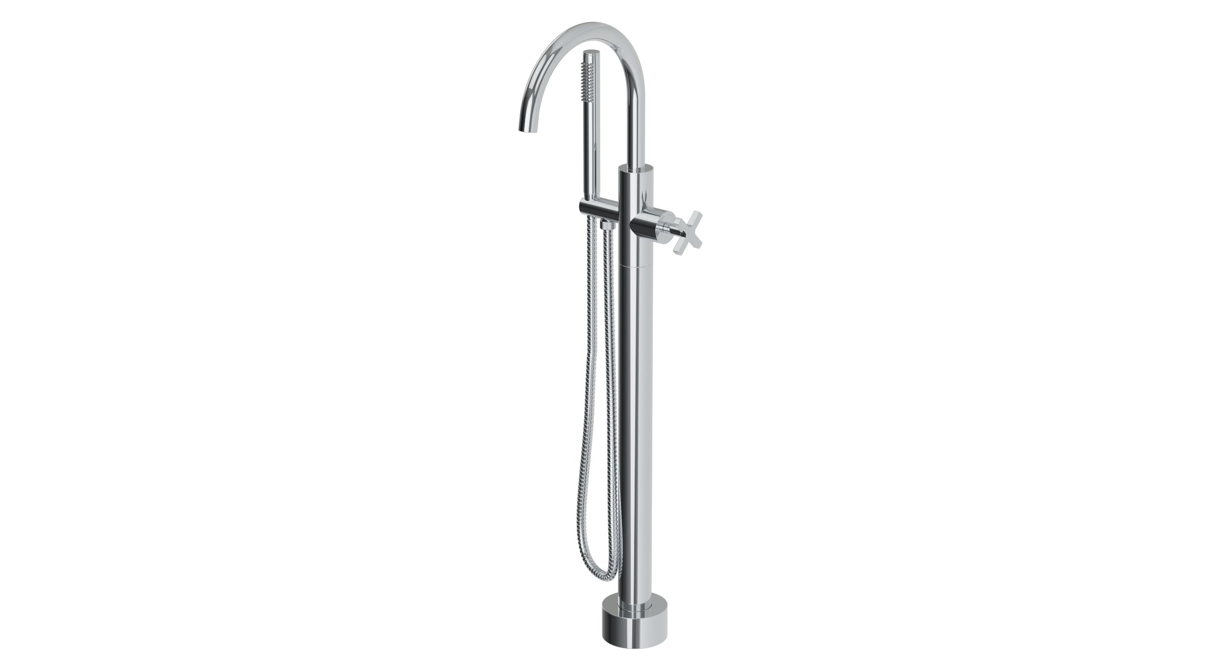 Flatiron One Handle Floor Mount Gooseneck Bath Trim with Hand Shower and Linear Cross Handle