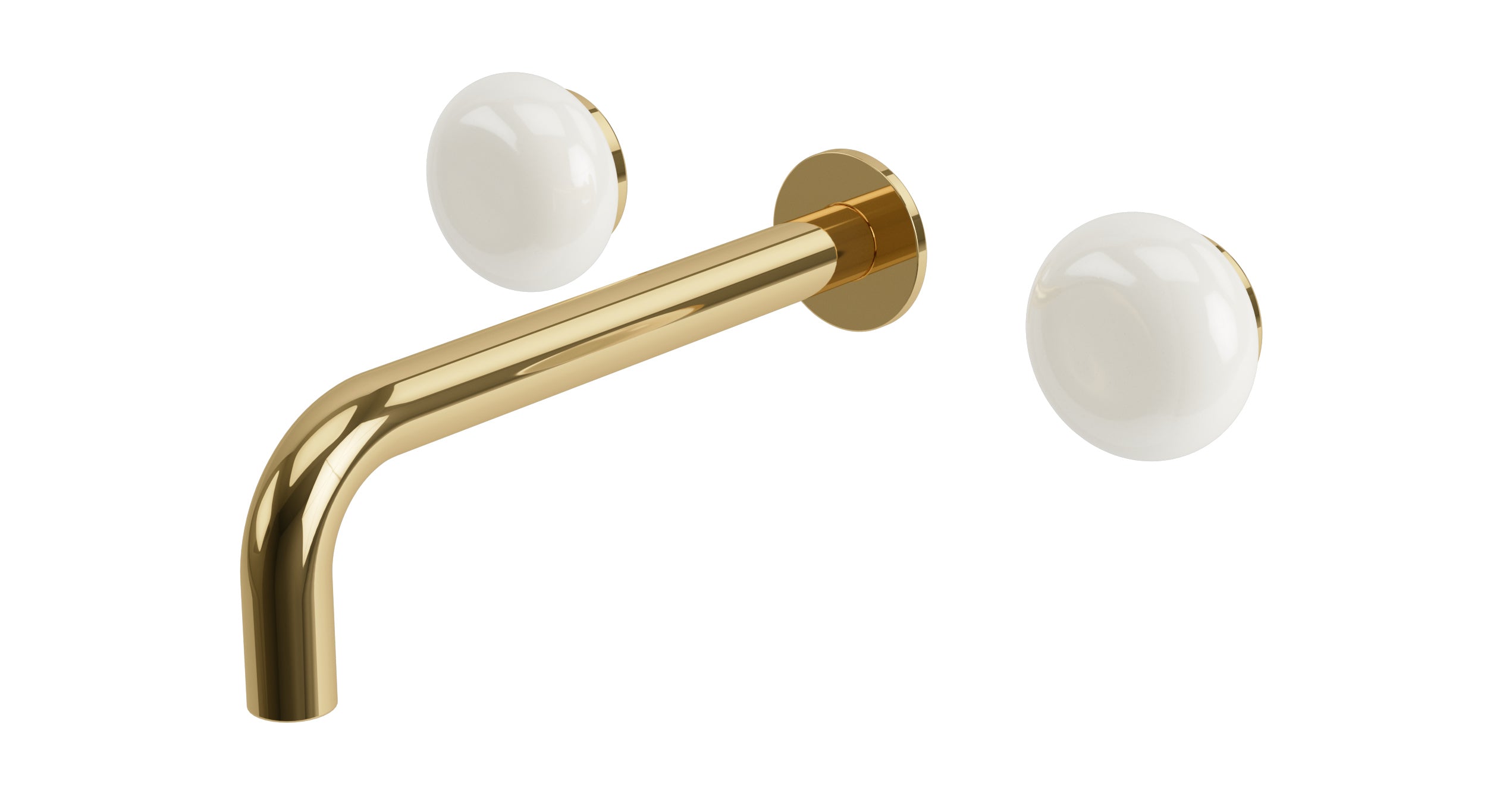 Foundry Two Handle Wall Mount 7.5" Lavatory Faucet with Pebble Ceramic Knob Handles in Polished Brass
