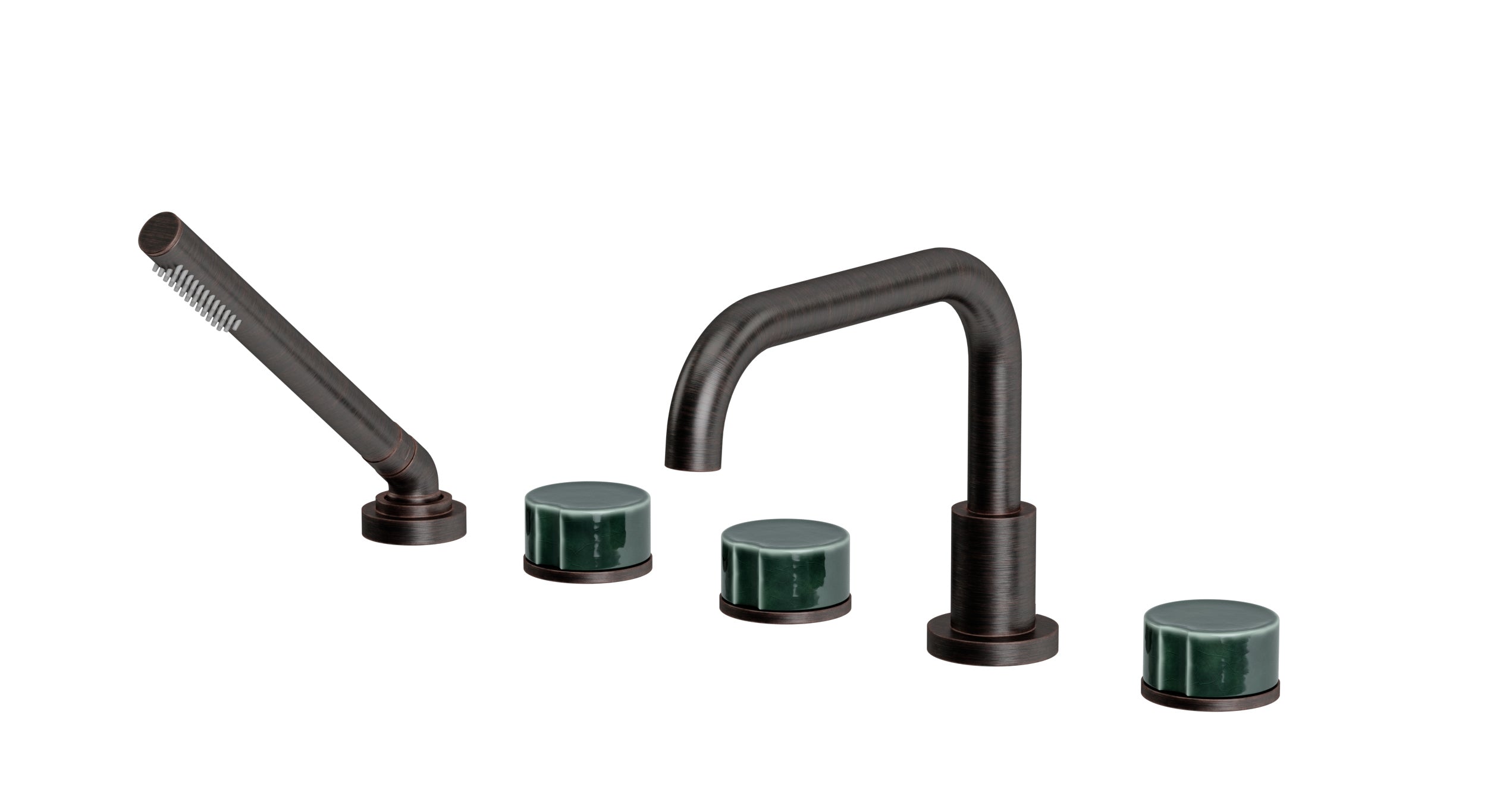 Foundry Three Handle Deck Mount Squaretop Bath Trim with Hand Shower and Groove Ceramic Knob Handles in Antique Bronze