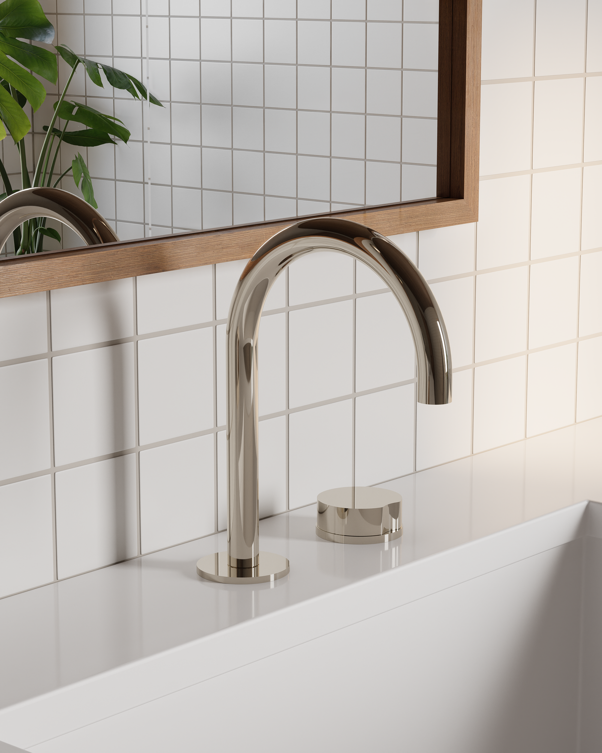 Foundry One Handle Deck Mount Gooseneck Lavatory Faucet with Barrel Knob Handle in Polished Nickel