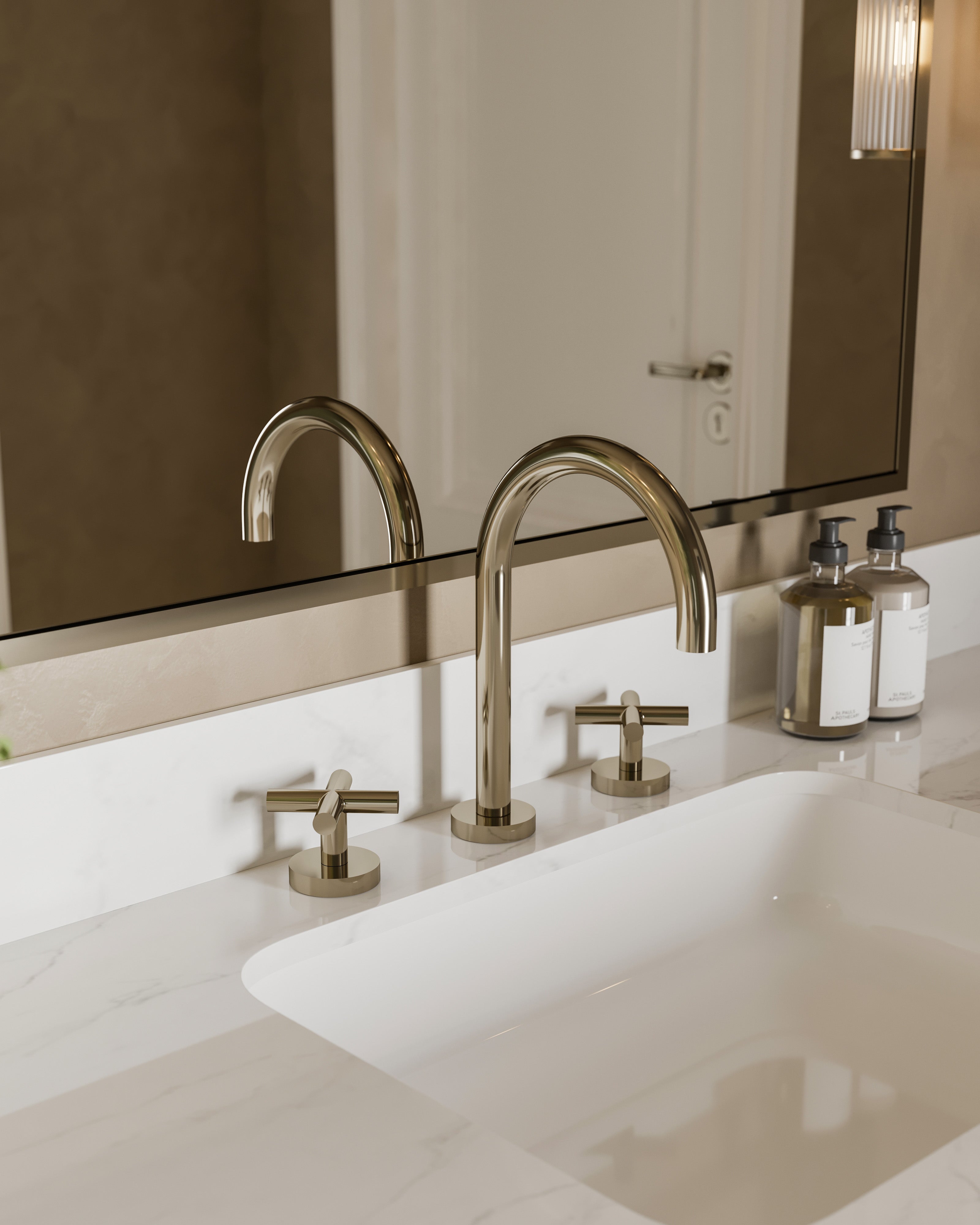 Contour Two Handle Deck Mount Gooseneck Lavatory Faucet with Soft Cross Handles in Polished Nickel