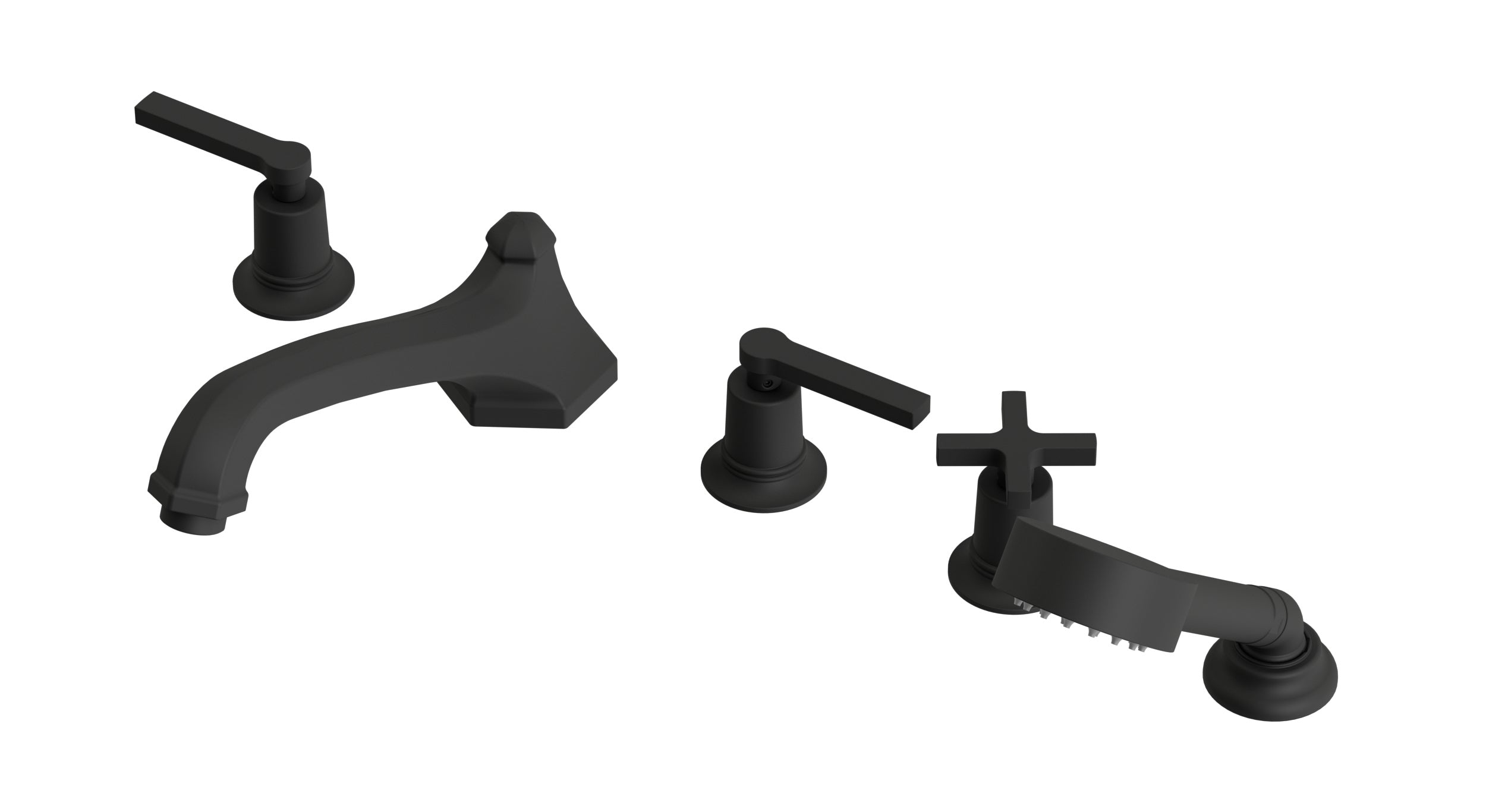 Emerson Three Handle Deck Mount Low Hexagon Bath Trim with Hand Shower and Classic Cross/Classic Lever Handles in Matte Black