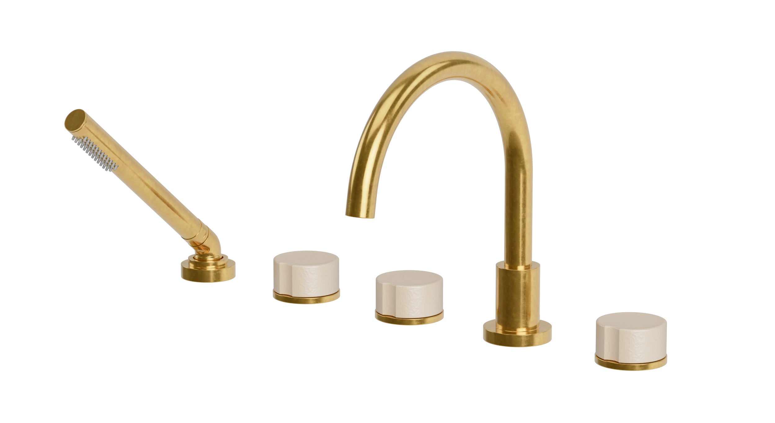 Foundry Three Handle Deck Mount Gooseneck Bath Trim with Hand Shower and Groove Ceramic Knob Handles in French Brass