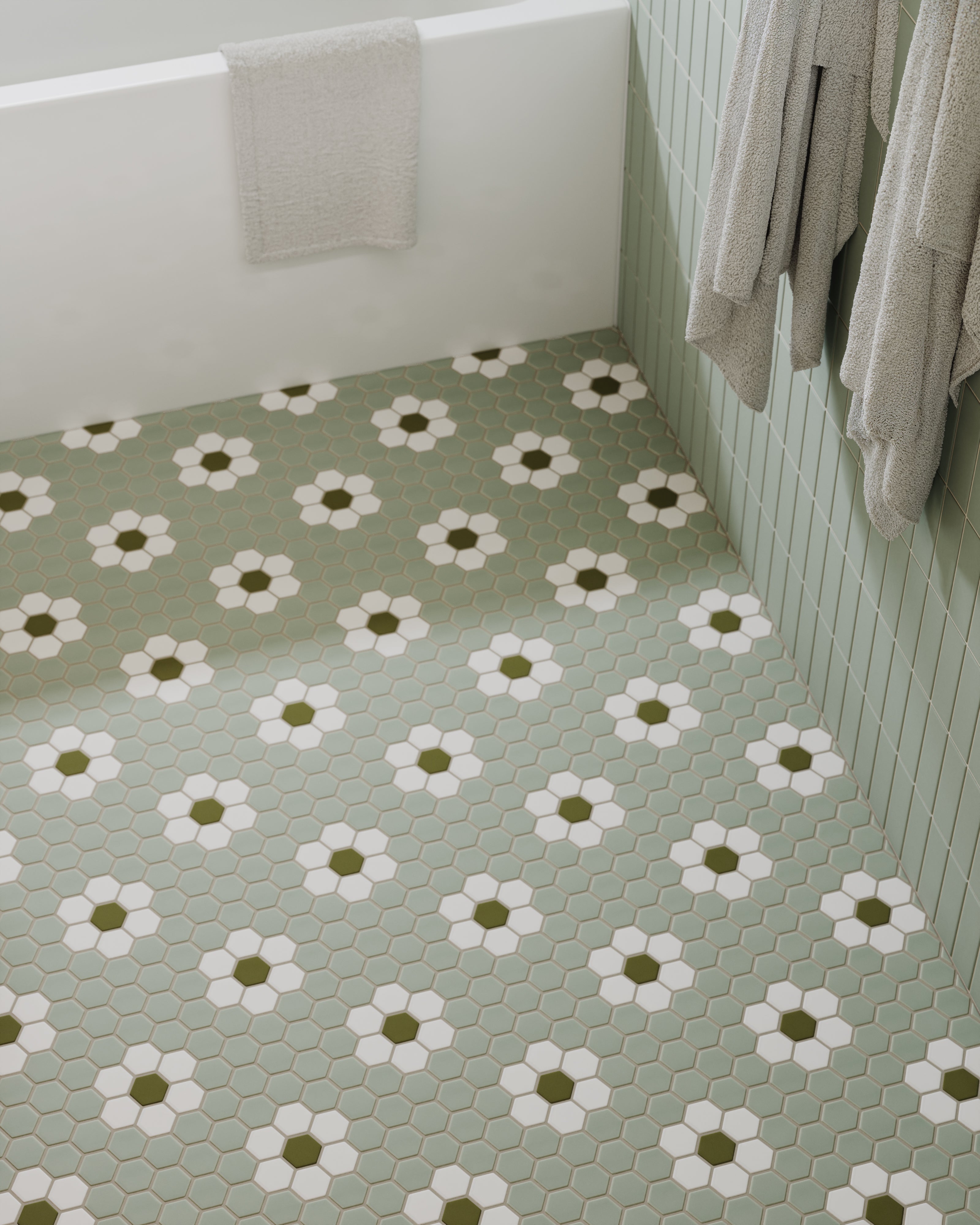 2" Hexagon Double Daisy Sheeted Original Ceramic Tile in Rosemary Matte, Calcite Matte & Bonsai Matte