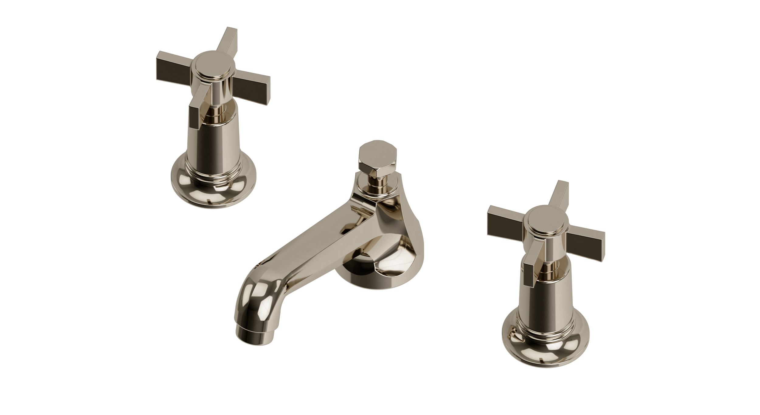Emerson Two Handle Deck Mount Low Hexagon Lavatory Faucet with Defined Cross Handles in Polished Nickel