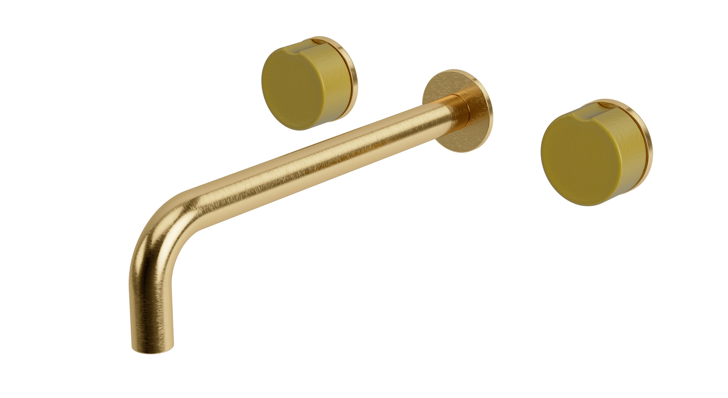 Foundry Two Handle Wall Mount 10" Lavatory Faucet with Groove Ceramic Knob Handles in Satin Brass