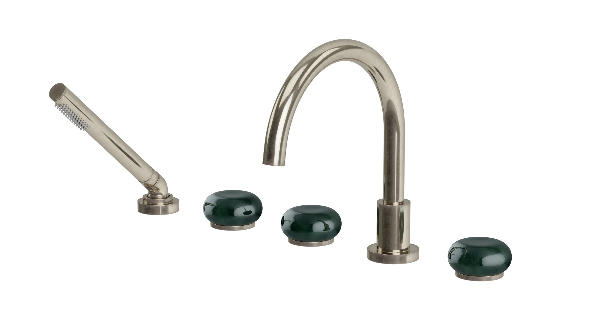 Foundry Three Handle Deck Mount Gooseneck Bath Trim with Hand Shower and Pebble Ceramic Knob Handles in French Nickel