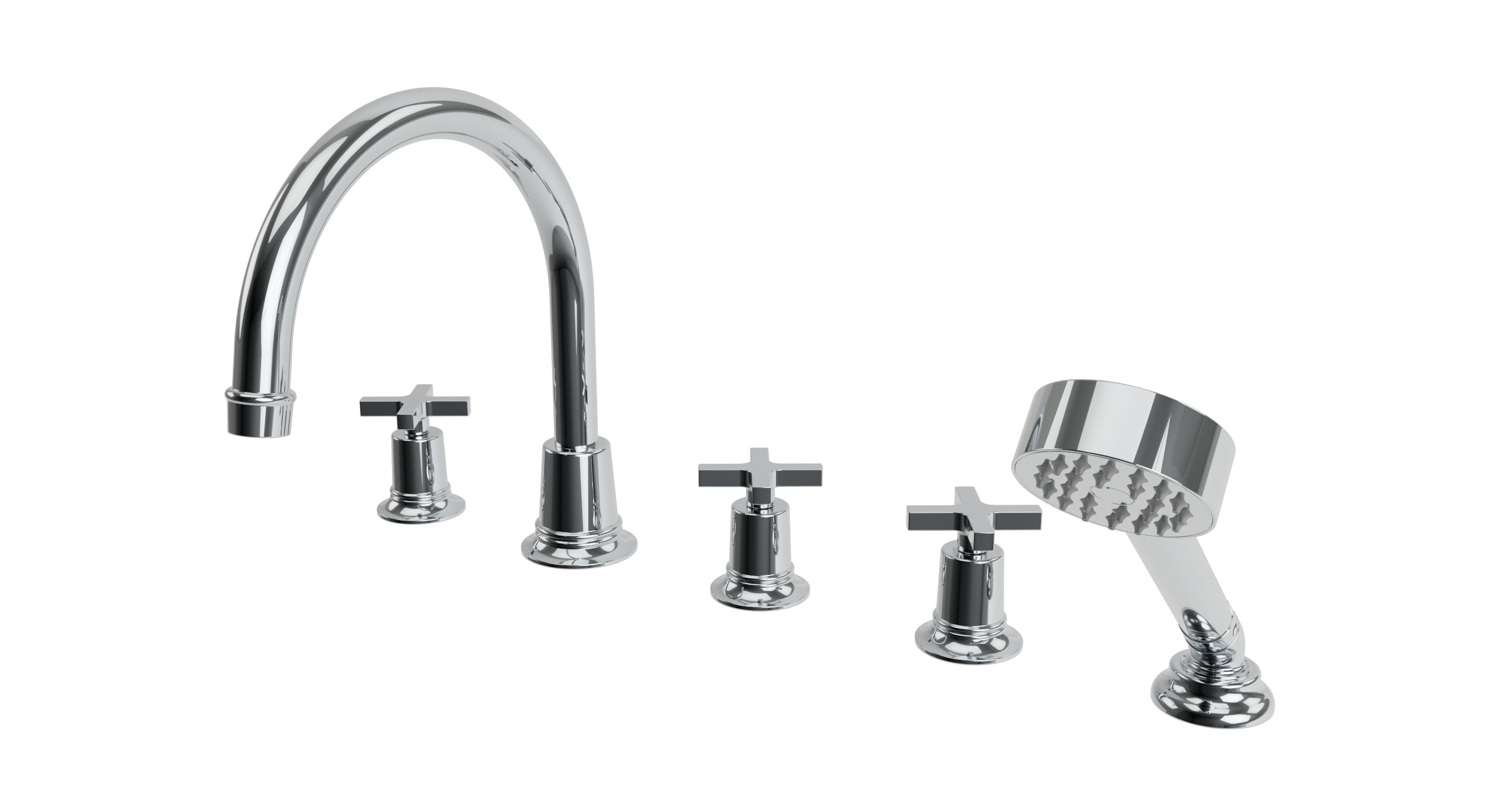 Emerson Three Handle Deck Mount Gooseneck Bath Trim with Hand Shower and Classic Cross Handles