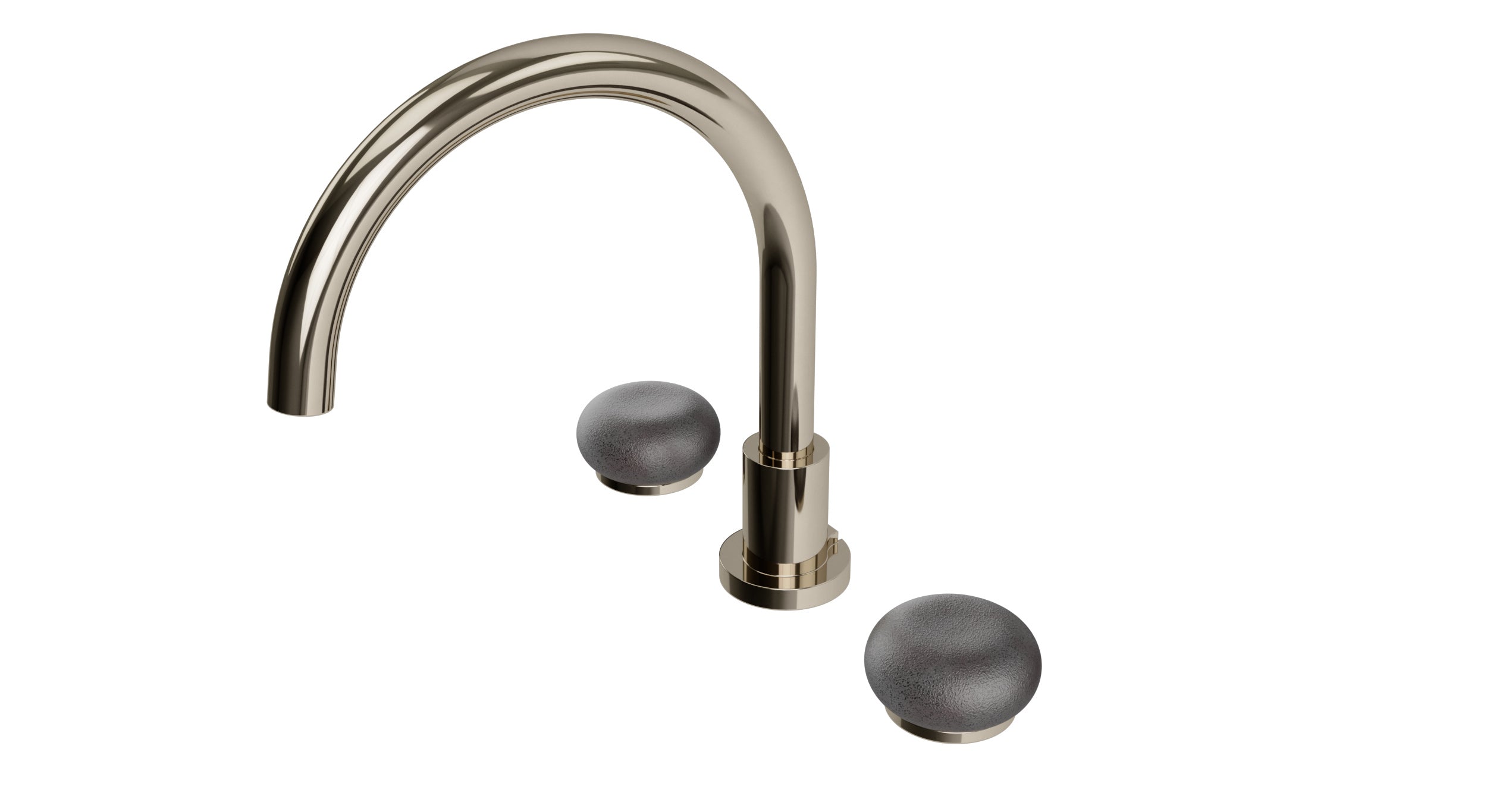 Foundry Two Handle Deck Mount Gooseneck Bath Trim with Pebble Ceramic Knob Handles in Polished Nickel