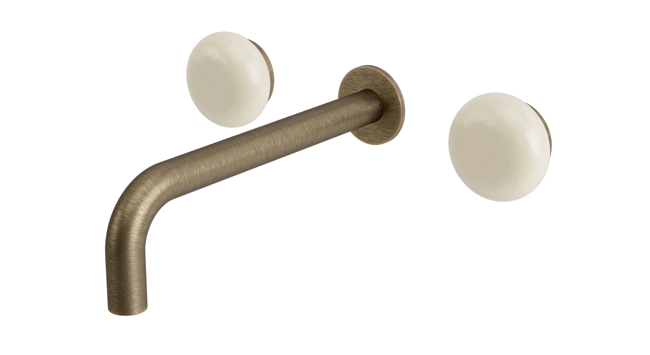 Foundry Two Handle Wall Mount 7.5" Lavatory Faucet with Pebble Ceramic Knob Handles in Antique Brass