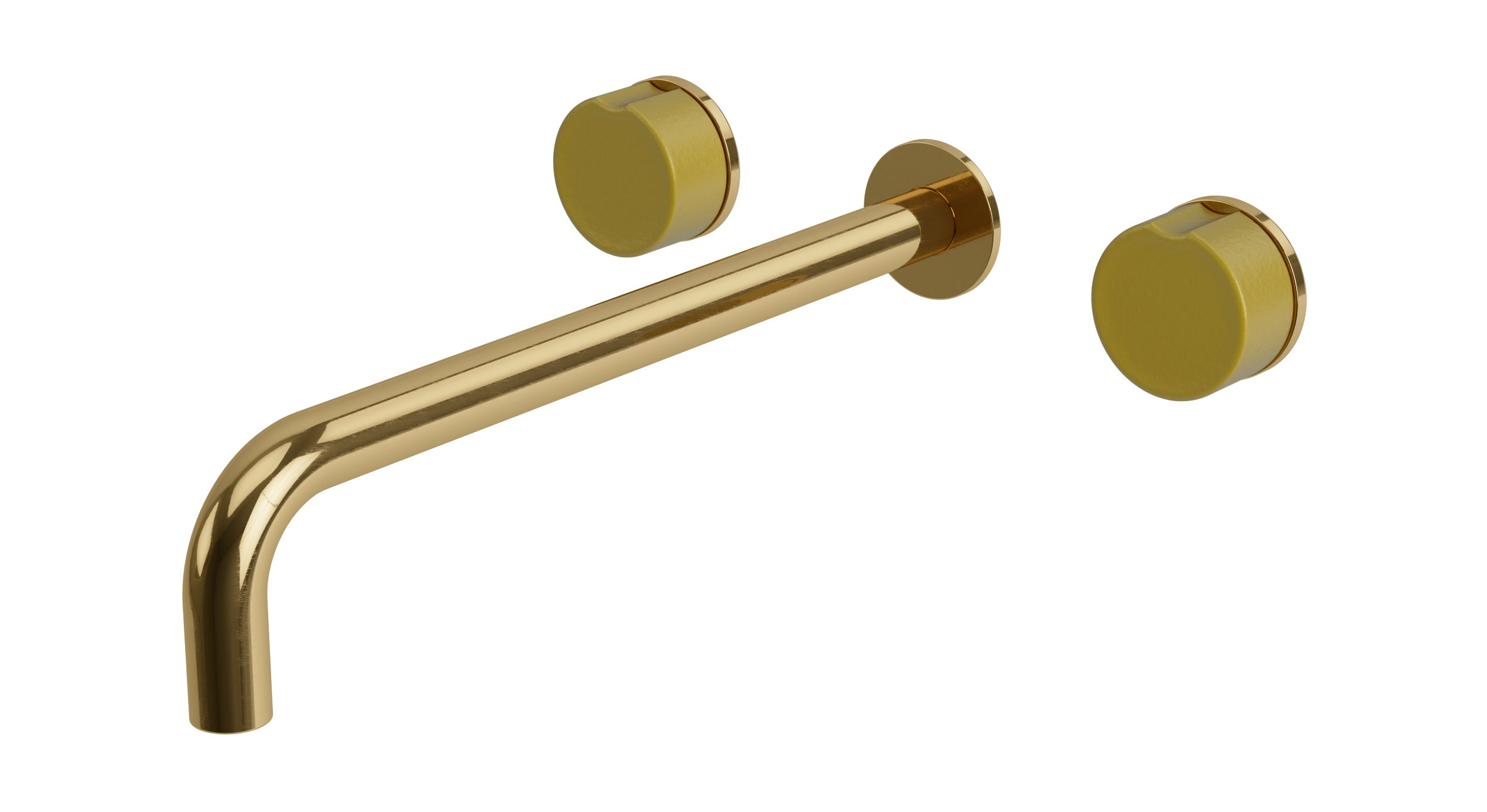 Foundry Two Handle Wall Mount 12" Lavatory Faucet with Groove Ceramic Knob Handles in Uncoated Polished Brass