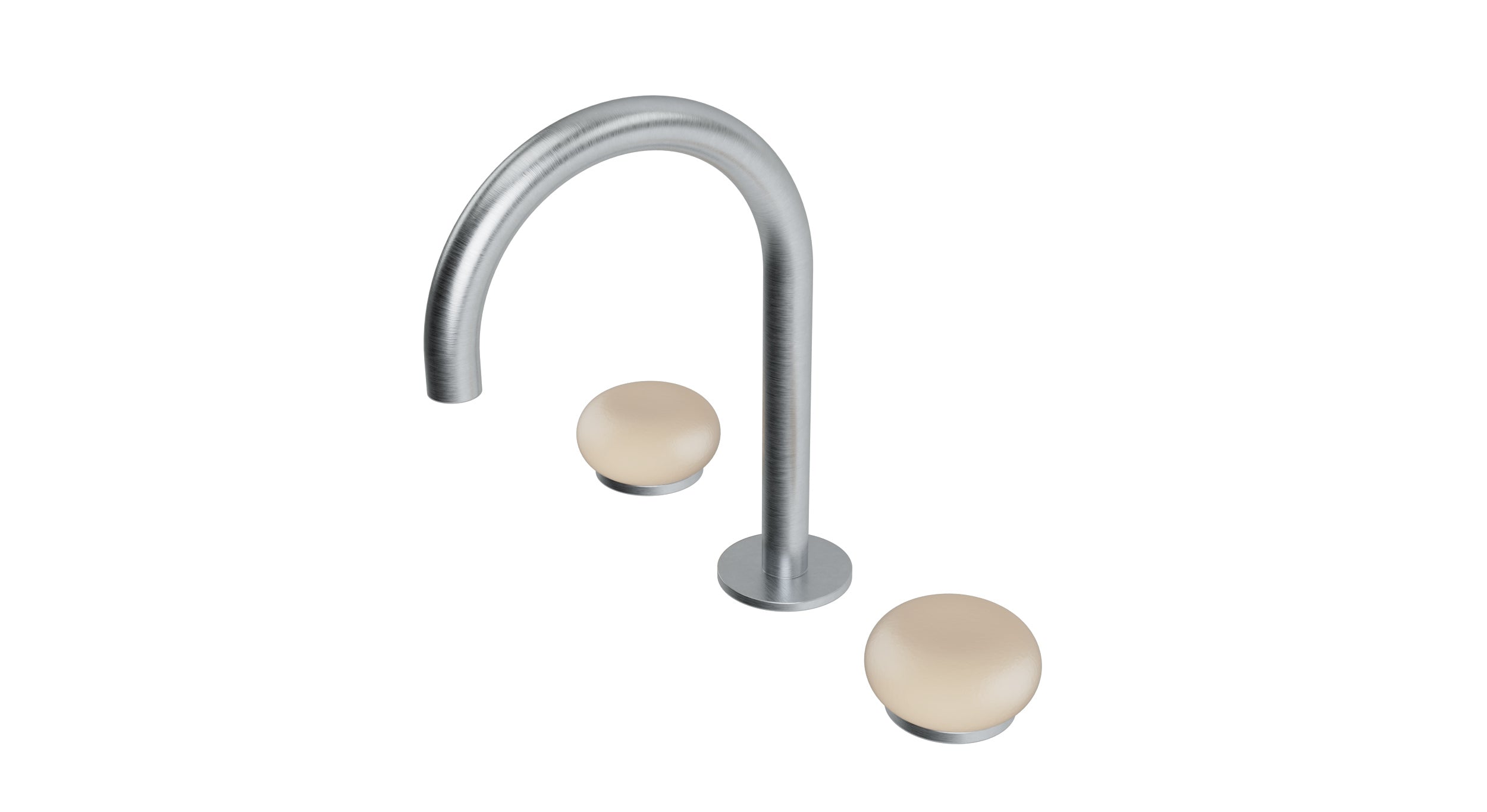Foundry Two Handle Deck Mount Gooseneck Lavatory Faucet with Pebble Ceramic Knob Handles in Satin Chrome