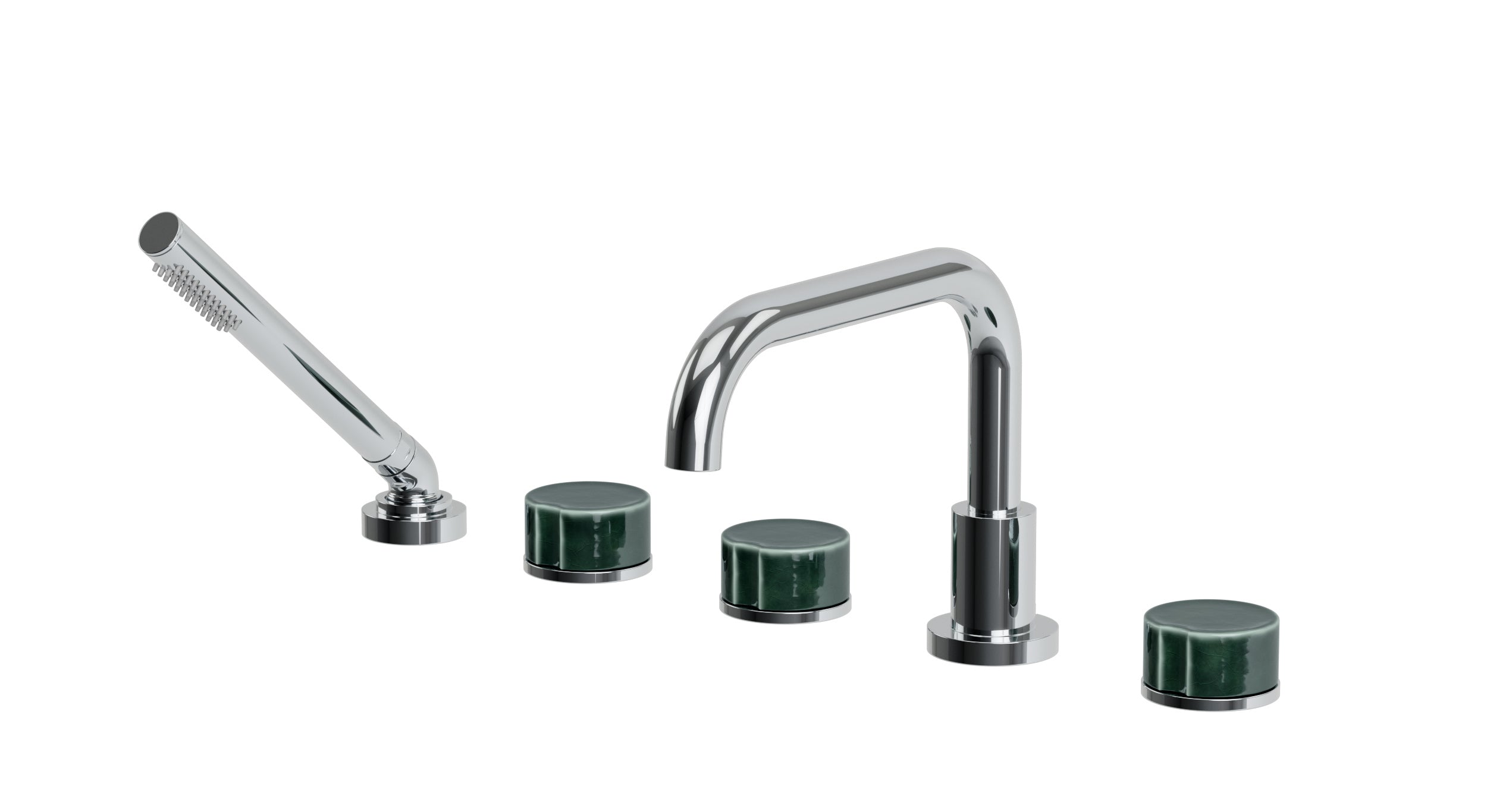 Foundry Three Handle Deck Mount Squaretop Bath Trim with Hand Shower and Groove Ceramic Knob Handles in Polished Chrome