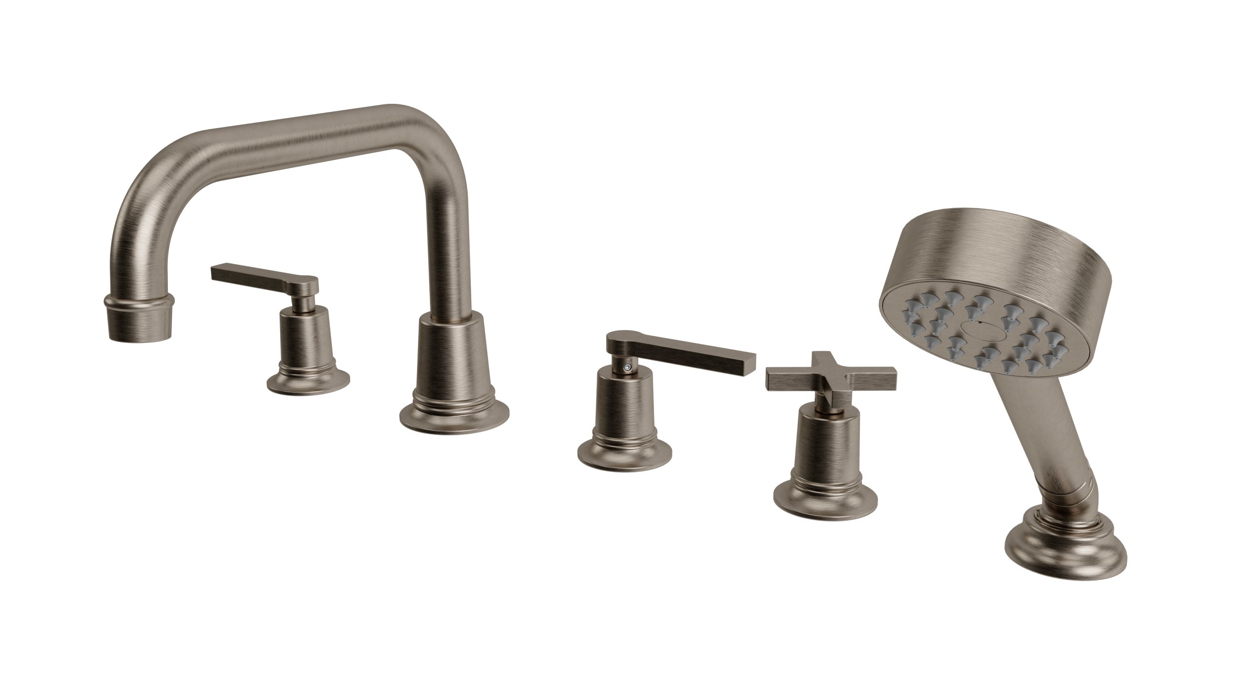 Emerson Three Handle Deck Mount Squaretop Bath Trim with Hand Shower and Classic Cross/Classic Lever Handles in Antique Nickel