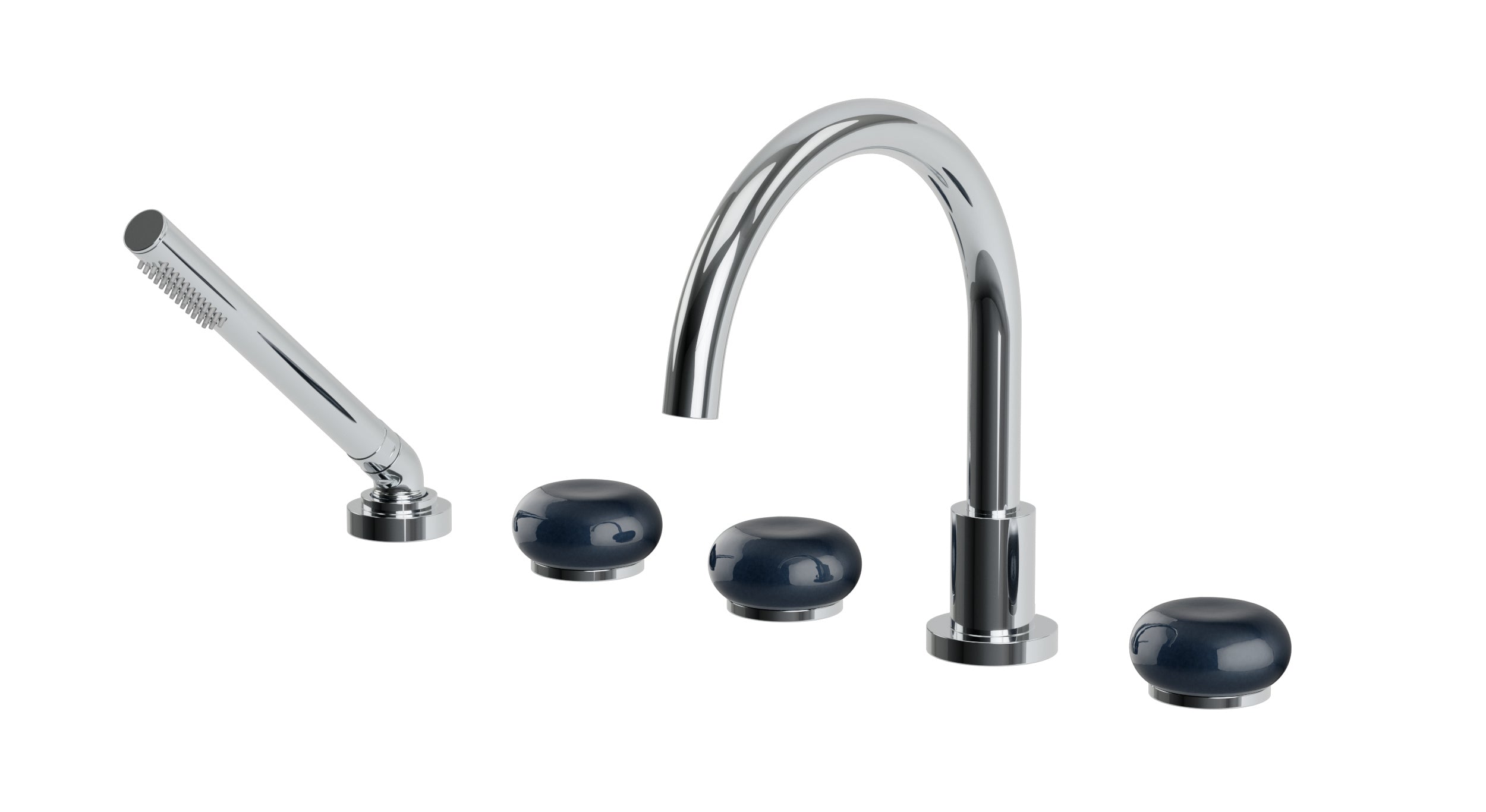 Foundry Three Handle Deck Mount Gooseneck Bath Trim with Hand Shower and Pebble Ceramic Knob Handles in Polished Chrome