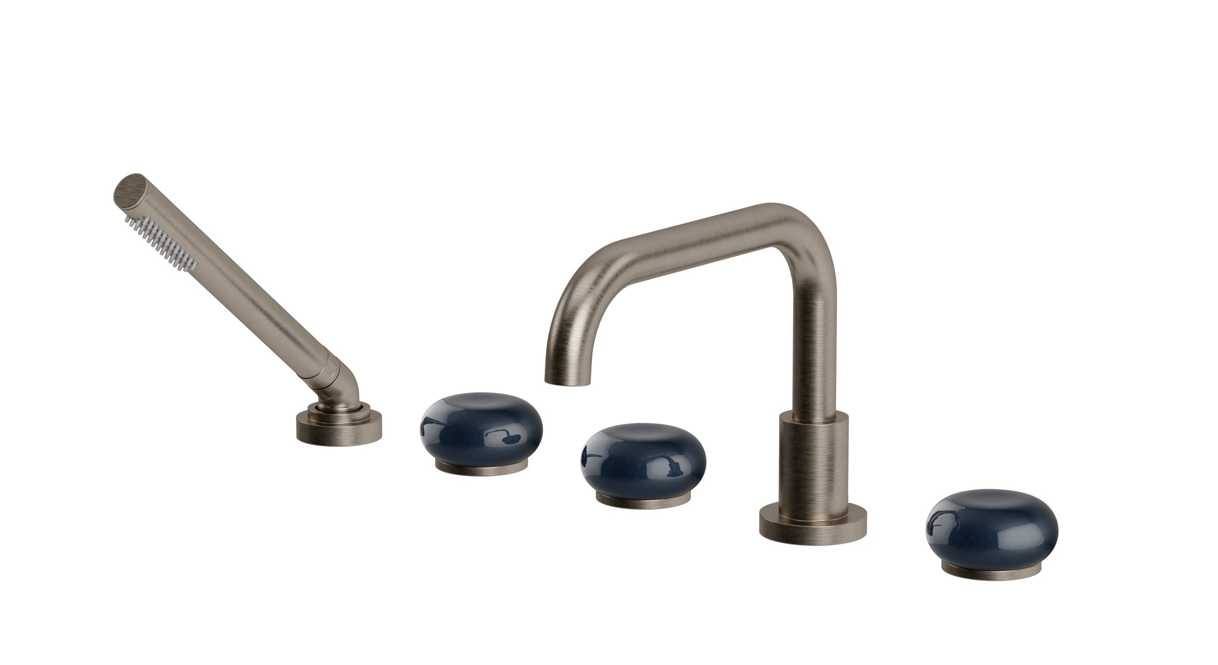Foundry Three Handle Deck Mount Squaretop Bath Trim with Hand Shower and Pebble Ceramic Knob Handles in Antique Nickel