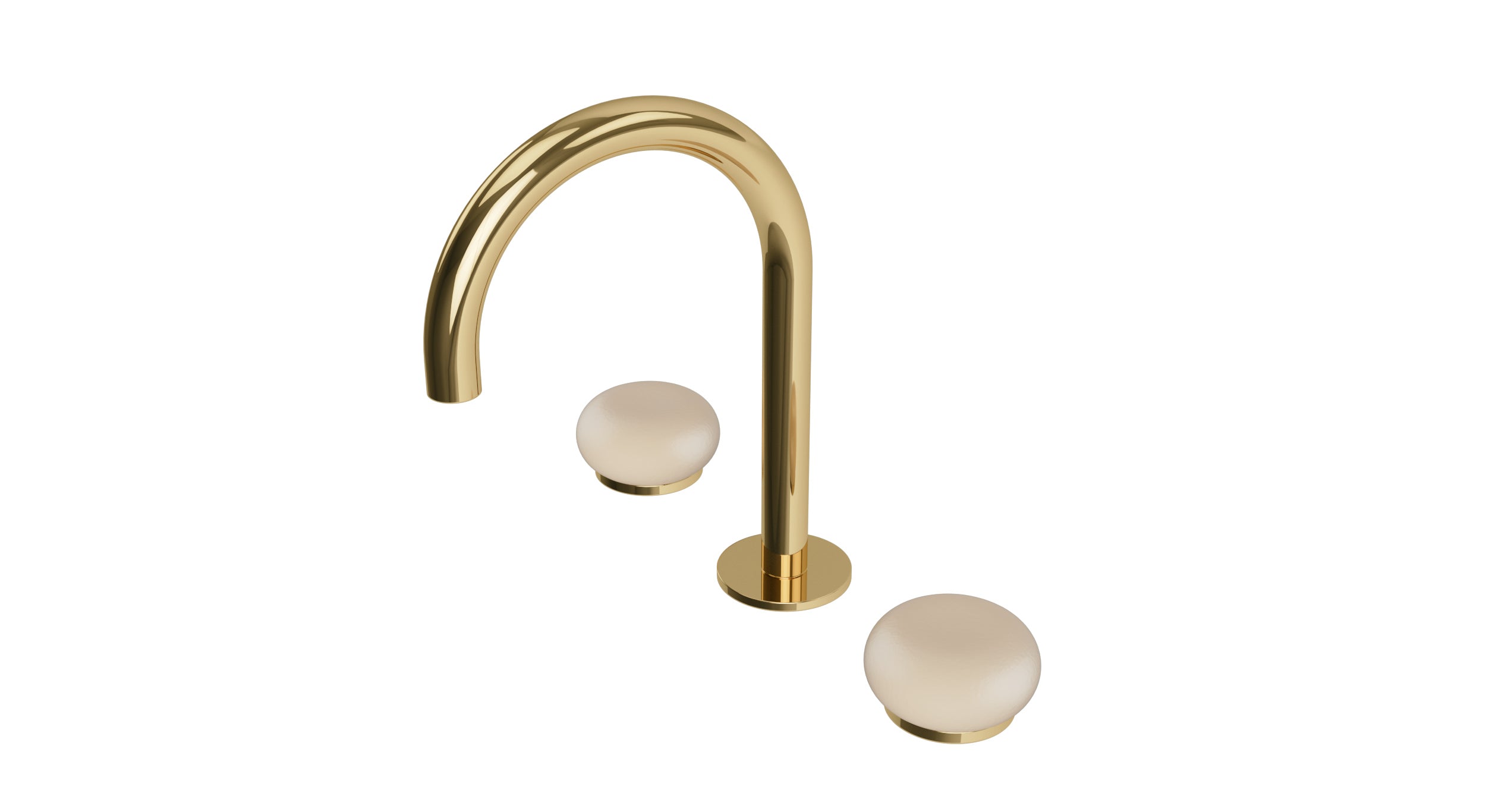 Foundry Two Handle Deck Mount Gooseneck Lavatory Faucet with Pebble Ceramic Knob Handles in Polished Brass