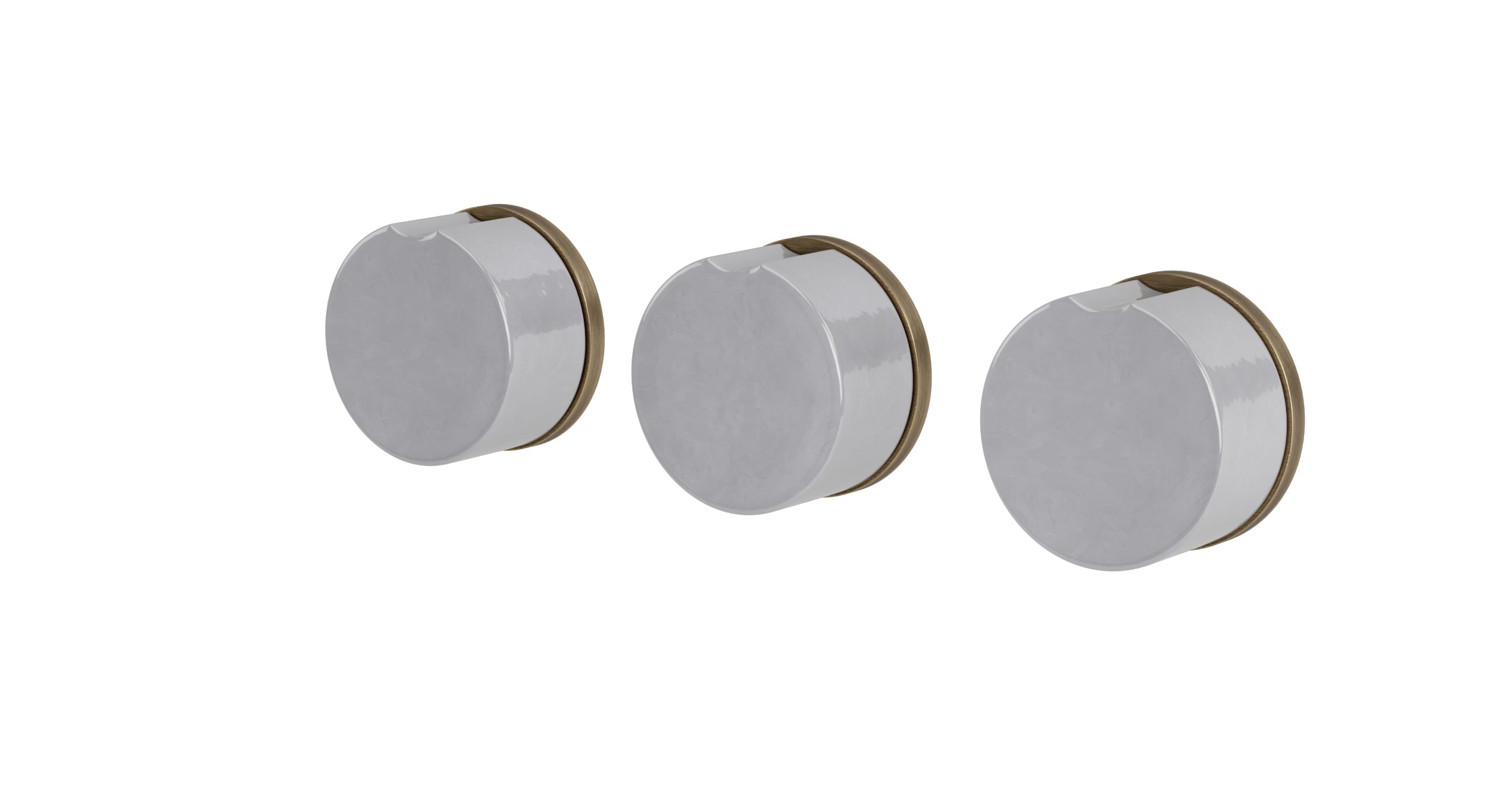 Foundry Three Handle Wall Mount Bath Trim with Diverter/Volume Control and Groove Ceramic Knob Handles in Antique Brass