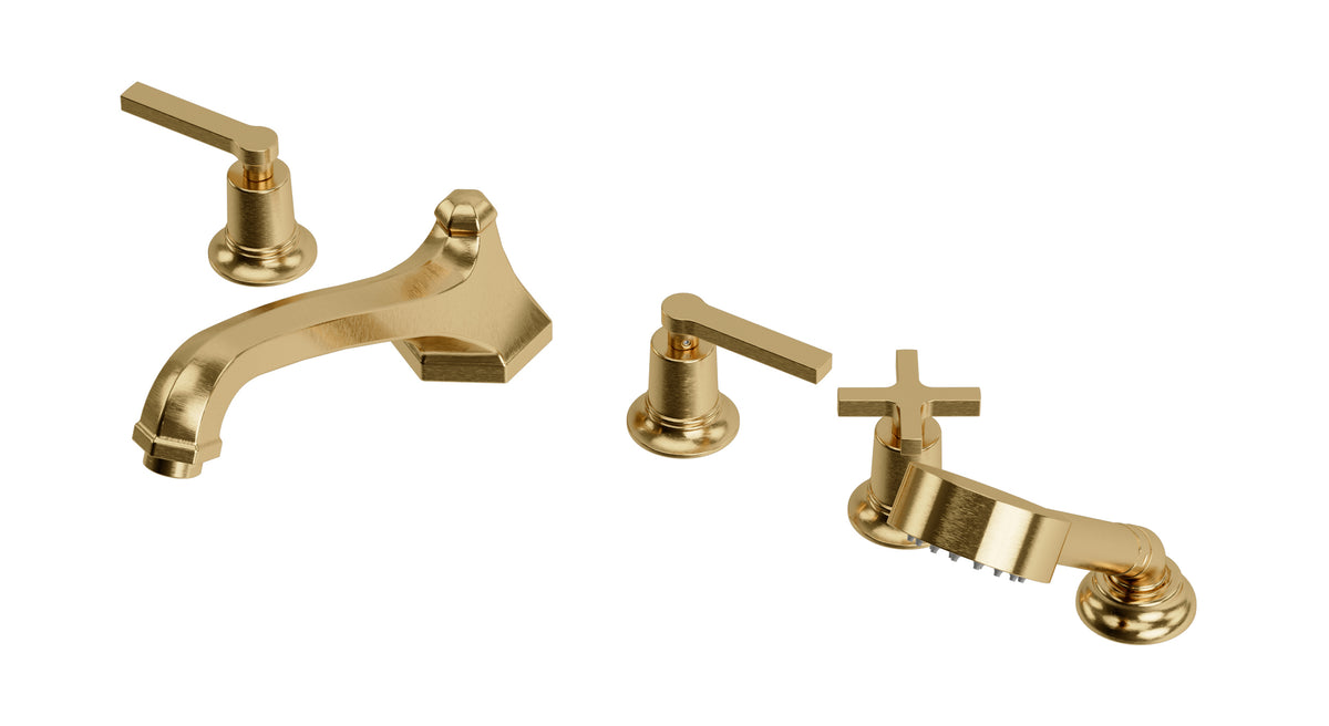 Emerson Three Handle Deck Mount Low Hexagon Bath Trim with Hand Shower