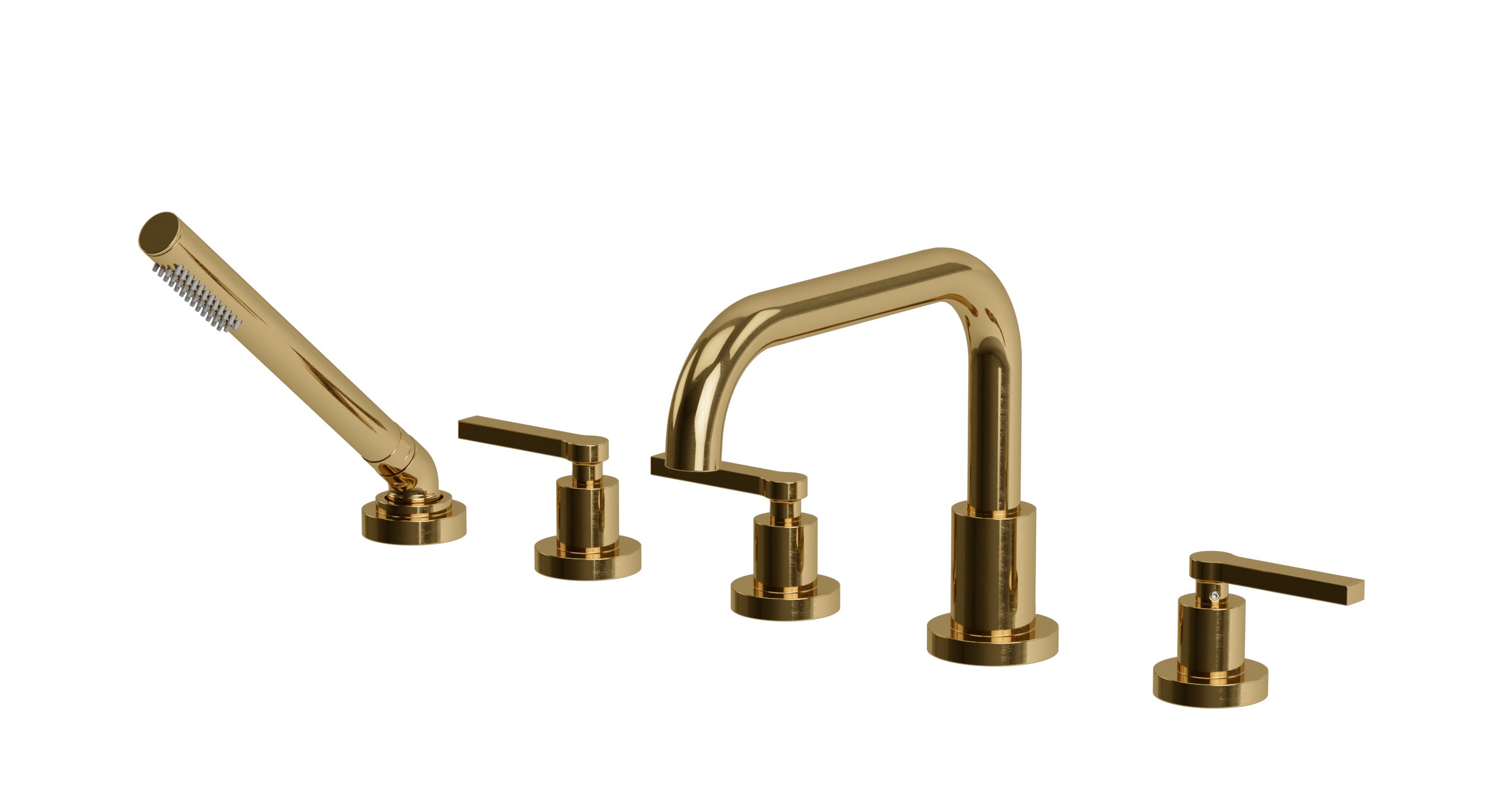 Flatiron Three Handle Deck Mount Squaretop Bath Trim with Hand Shower and Linear Lever Handles in Uncoated Polished Brass