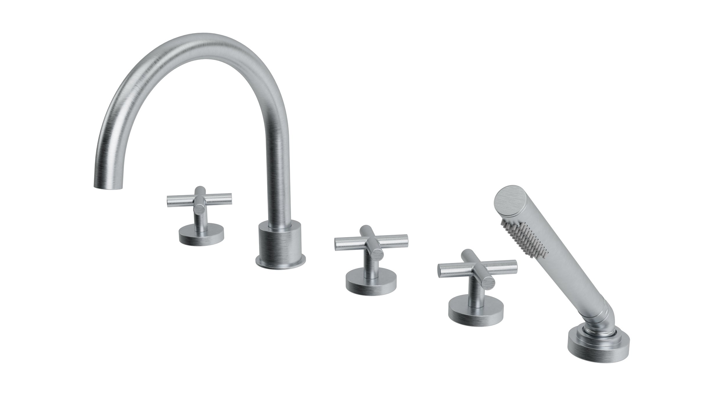 Contour Three Handle Deck Mount Gooseneck Bath Trim with Hand Shower and Soft Cross Handles in Satin Chrome