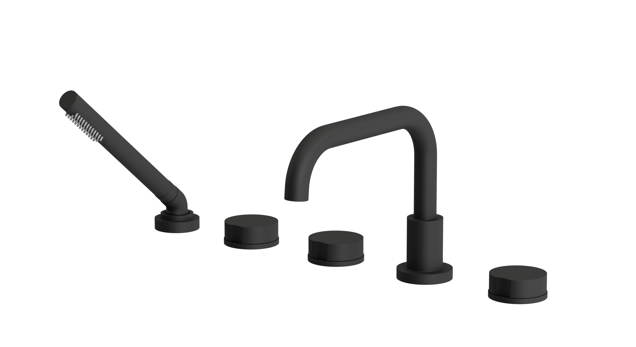 Foundry Three Handle Deck Mount Squaretop Bath Trim with Hand Shower and Circle Knob Handles in Matte Black