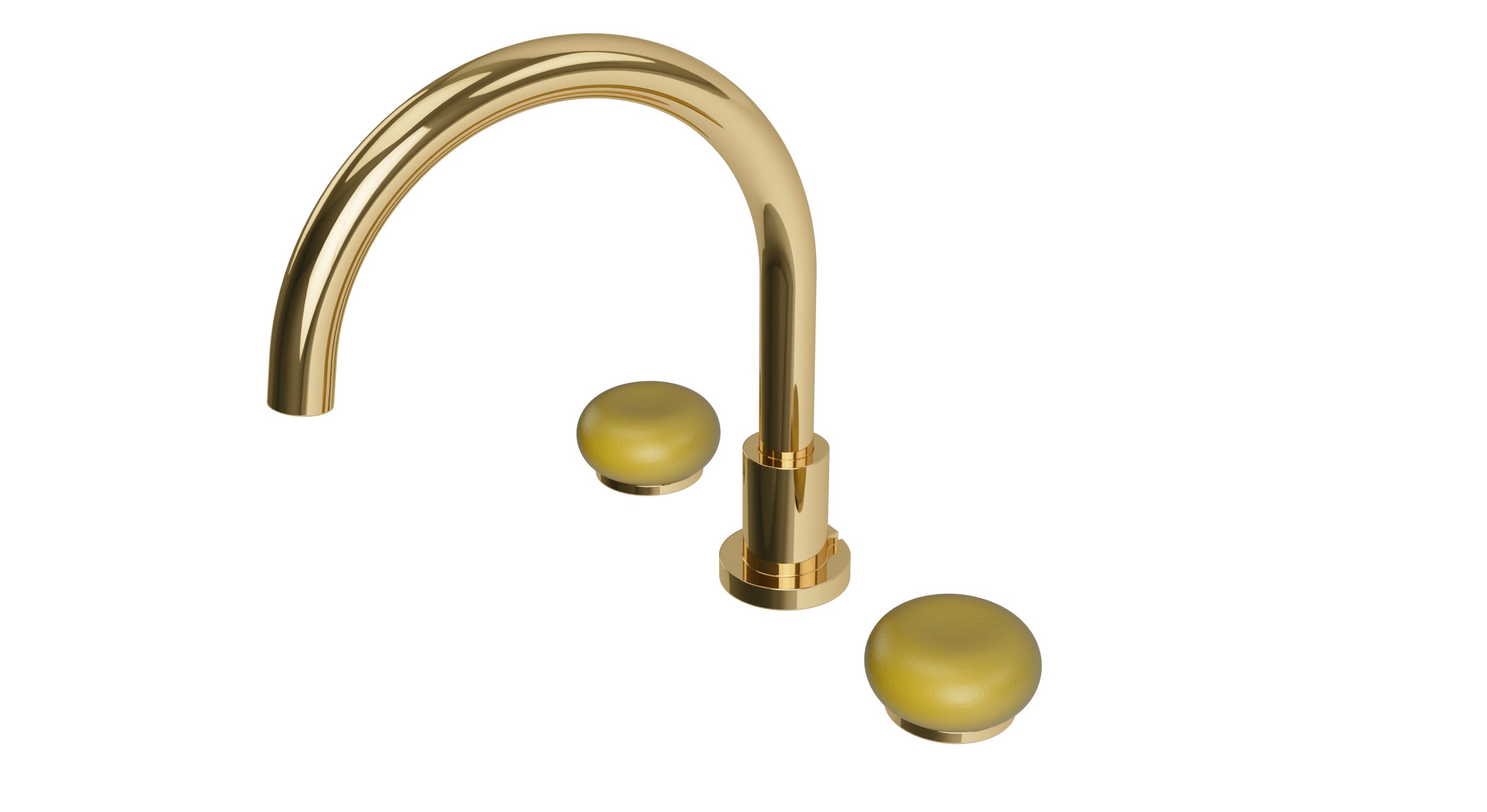 Foundry Two Handle Deck Mount Gooseneck Bath Trim with Pebble Ceramic Knob Handles in Polished Brass