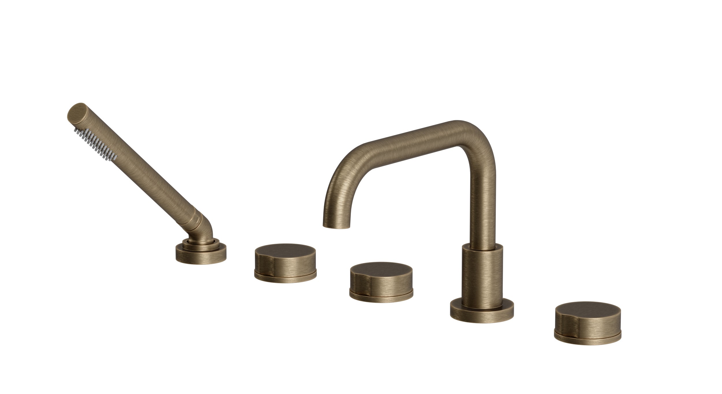 Foundry Three Handle Deck Mount Squaretop Bath Trim with Hand Shower and Circle Knob Handles in Antique Brass