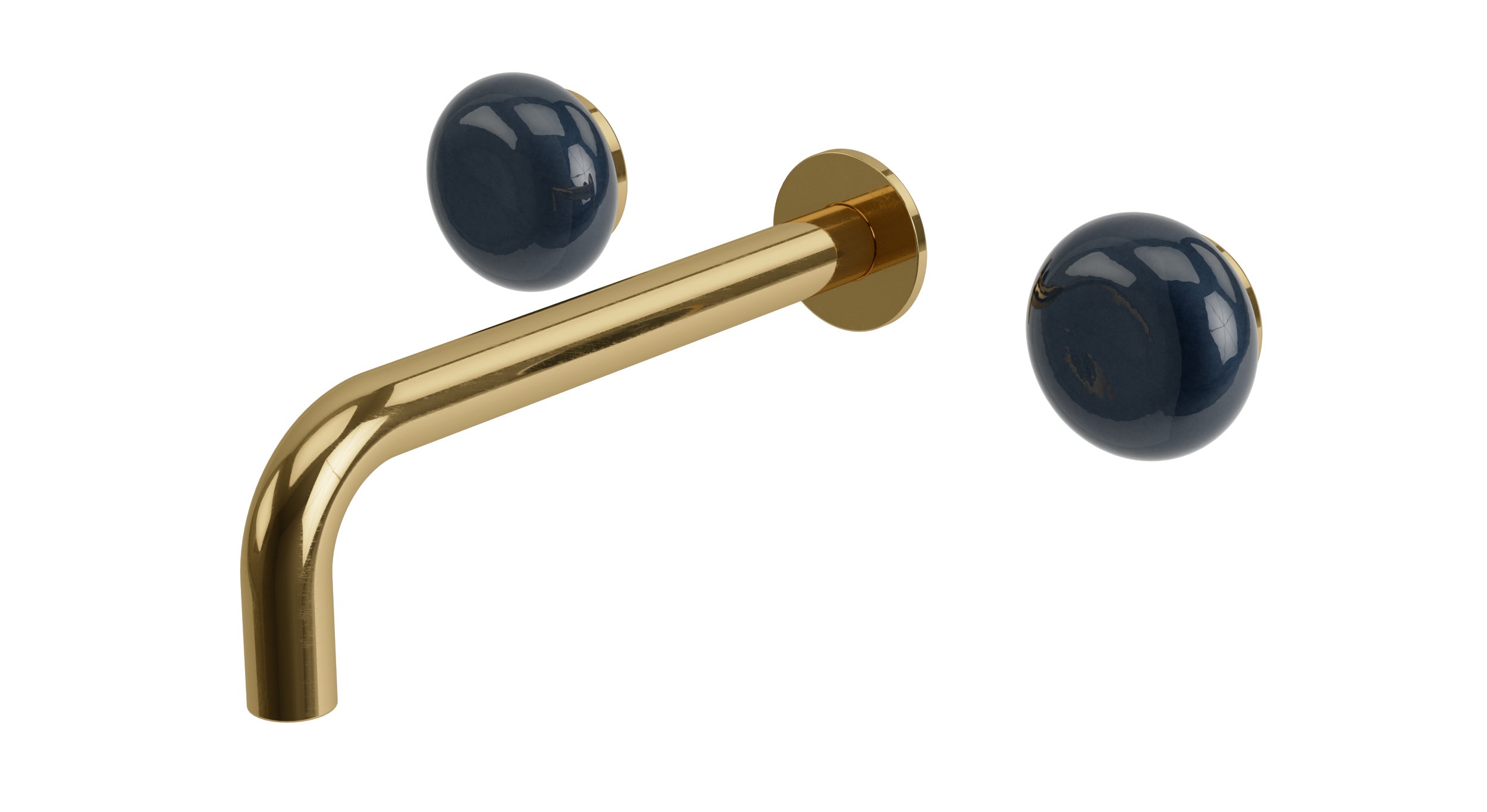 Foundry Two Handle Wall Mount 7.5" Lavatory Faucet with Pebble Ceramic Knob Handles in Uncoated Polished Brass