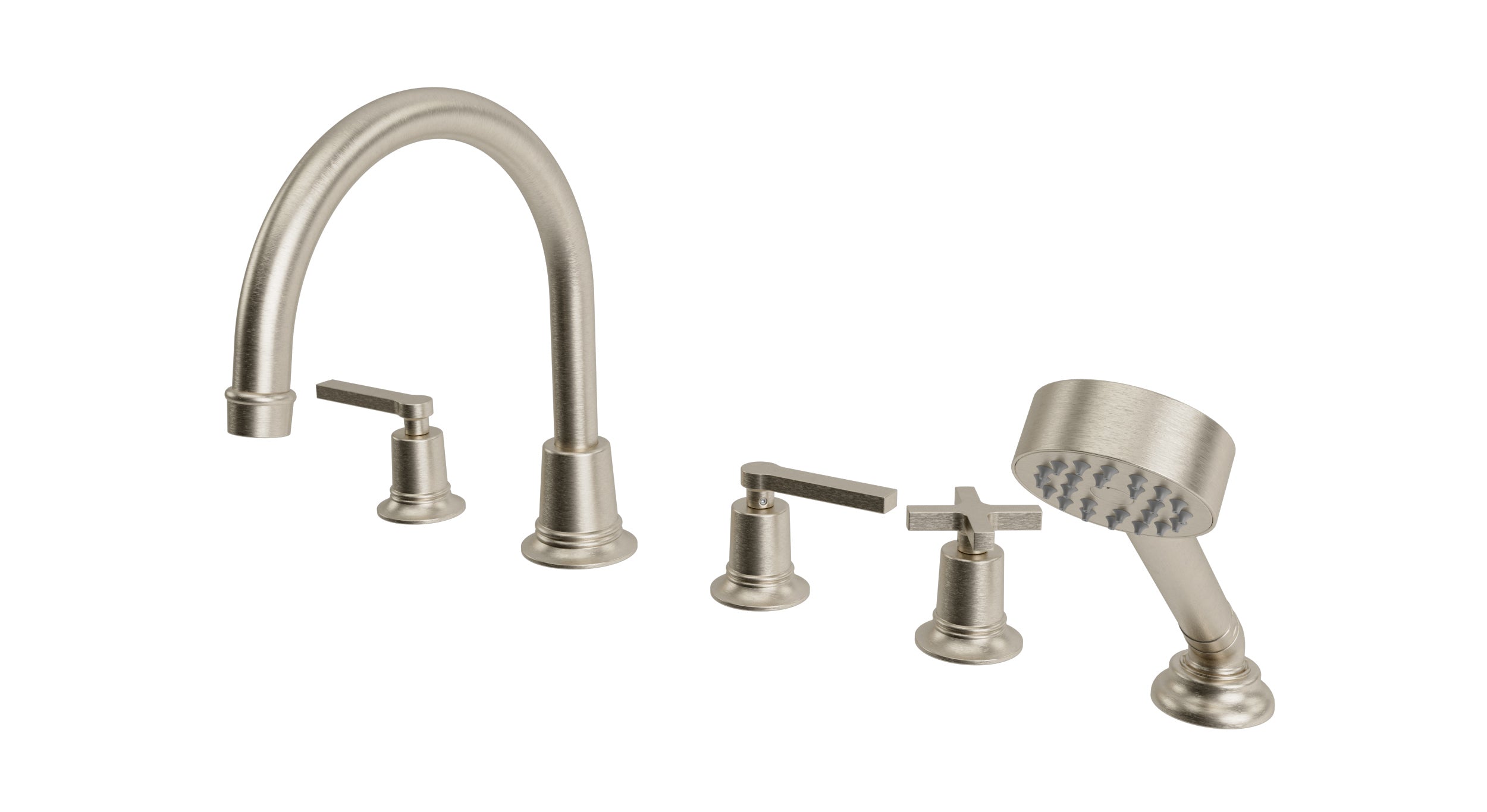 Emerson Three Handle Deck Mount Gooseneck Bath Trim with Hand Shower and Classic Cross/Classic Lever Handles in Satin Nickel