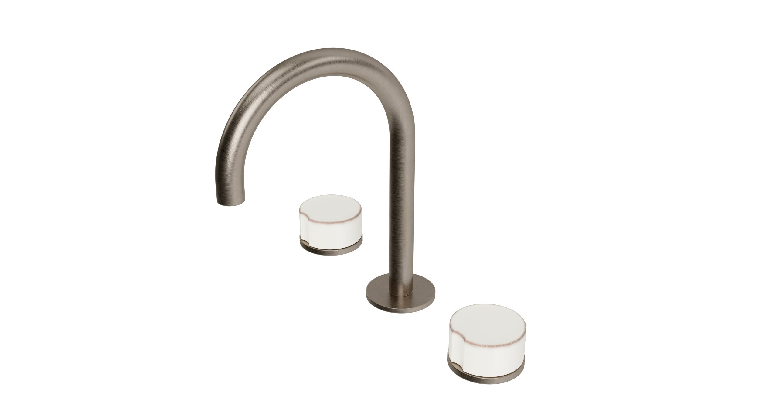 Foundry Two Handle Deck Mount Gooseneck Lavatory Faucet with Groove Ceramic Knob Handles in Antique Nickel