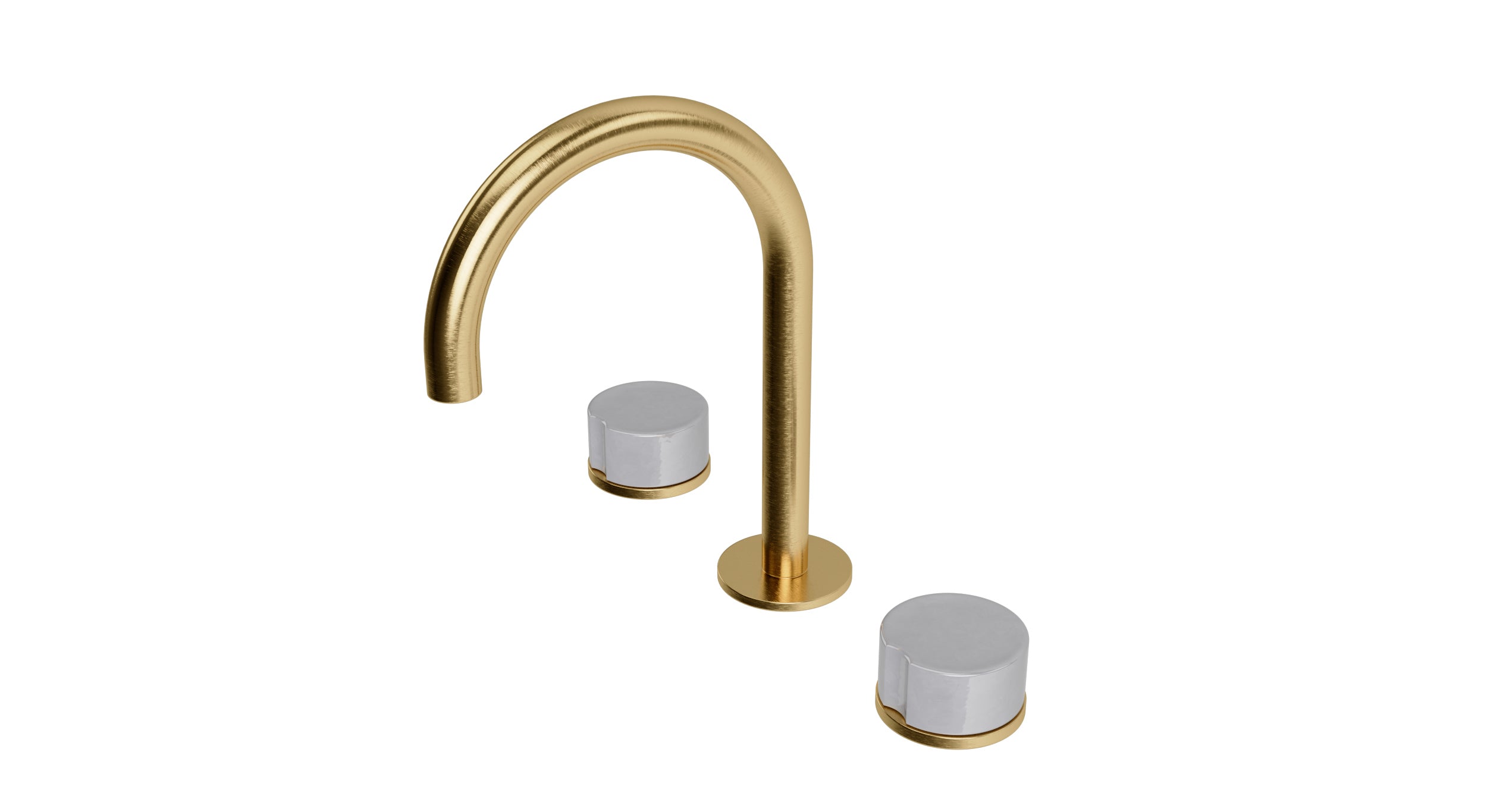 Foundry Two Handle Deck Mount Gooseneck Lavatory Faucet with Groove Ceramic Knob Handles in Satin Brass