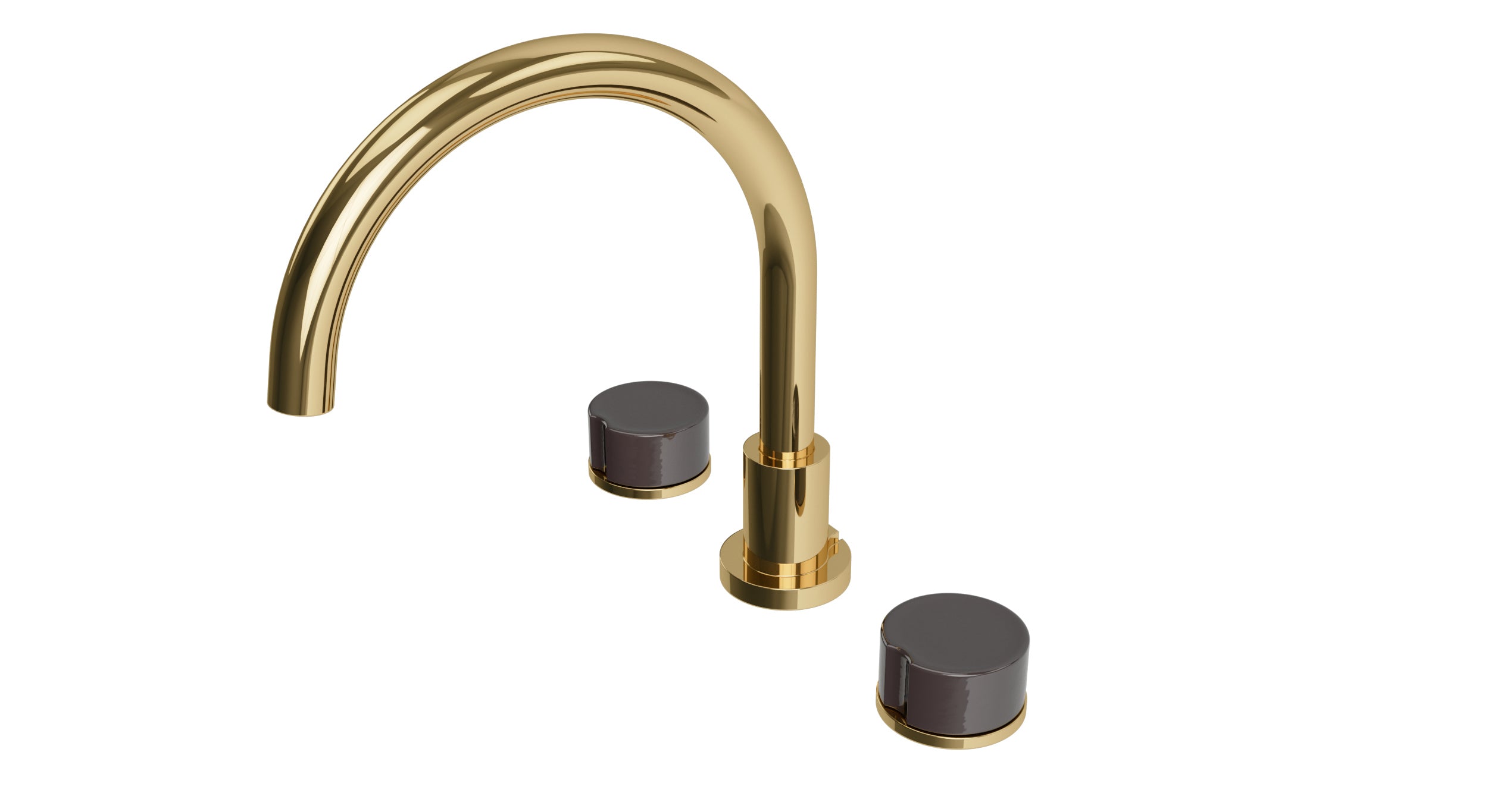 Foundry Two Handle Deck Mount Gooseneck Bath Trim with Groove Ceramic Knob Handles in Polished Brass