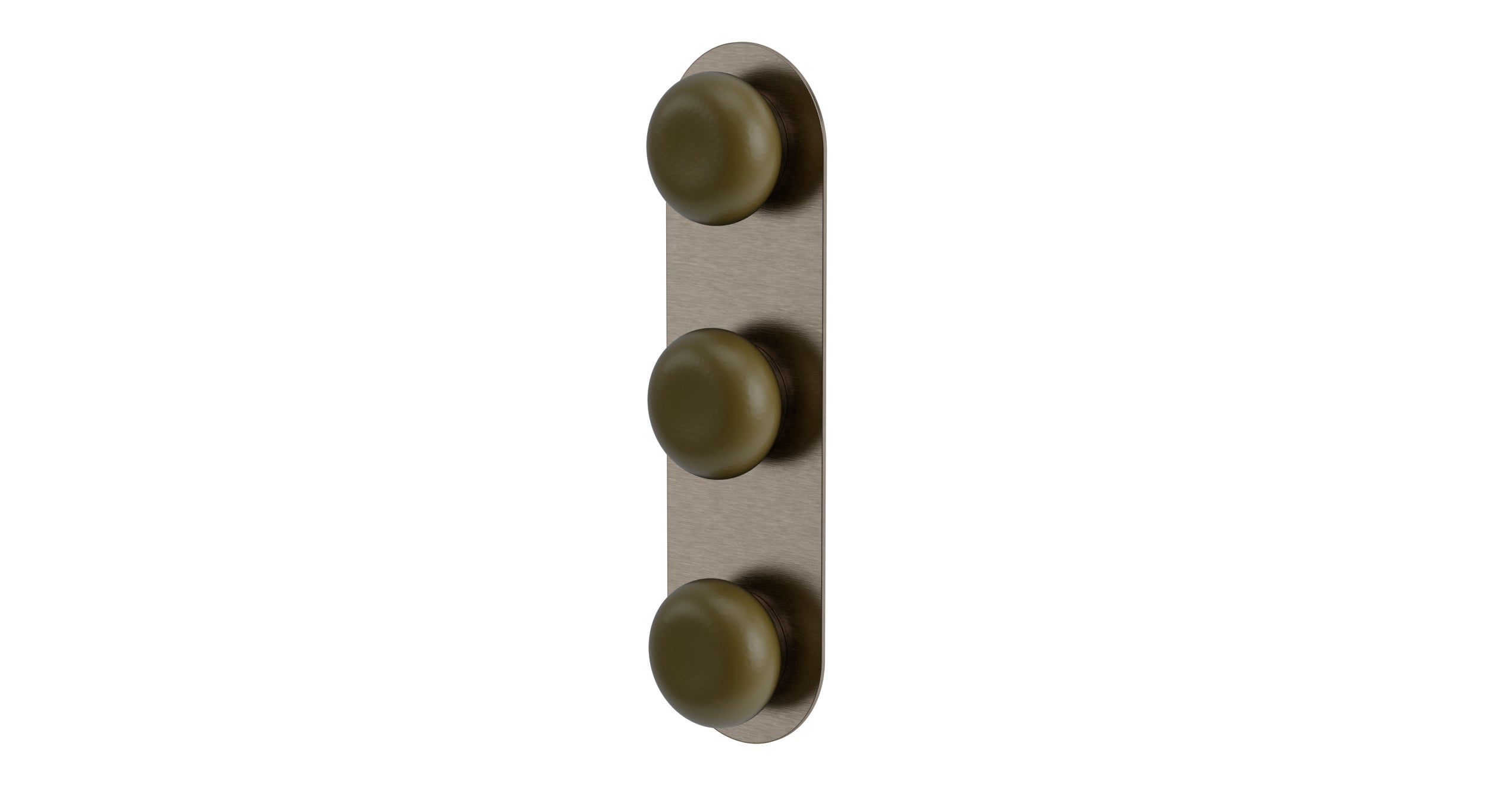Foundry Three Handle Wall Mount Shower Trim with Pebble Ceramic Knob Handles in Antique Nickel