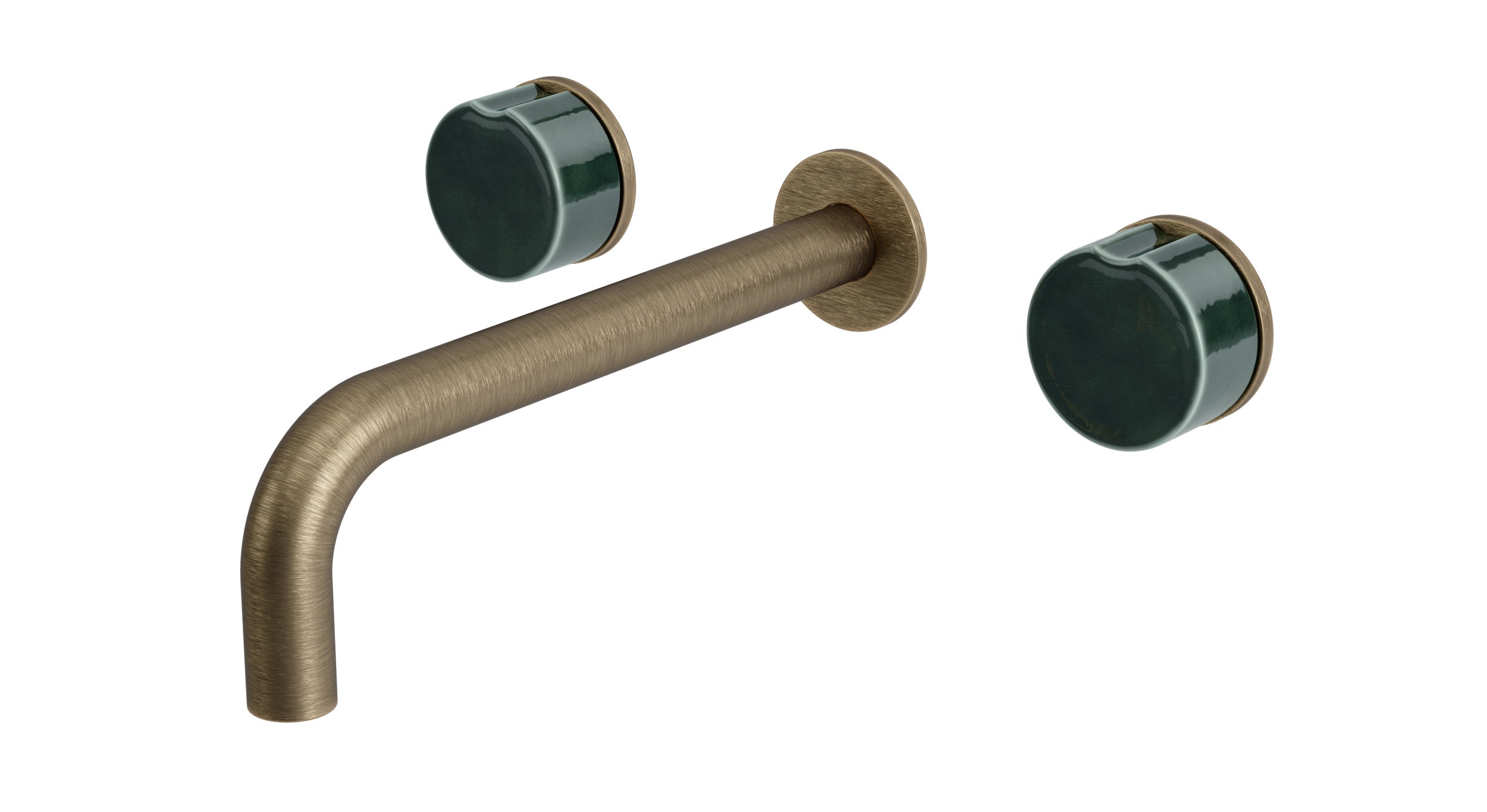 Foundry Two Handle Wall Mount 7.5" Lavatory Faucet with Groove Ceramic Knob Handles in Antique Brass