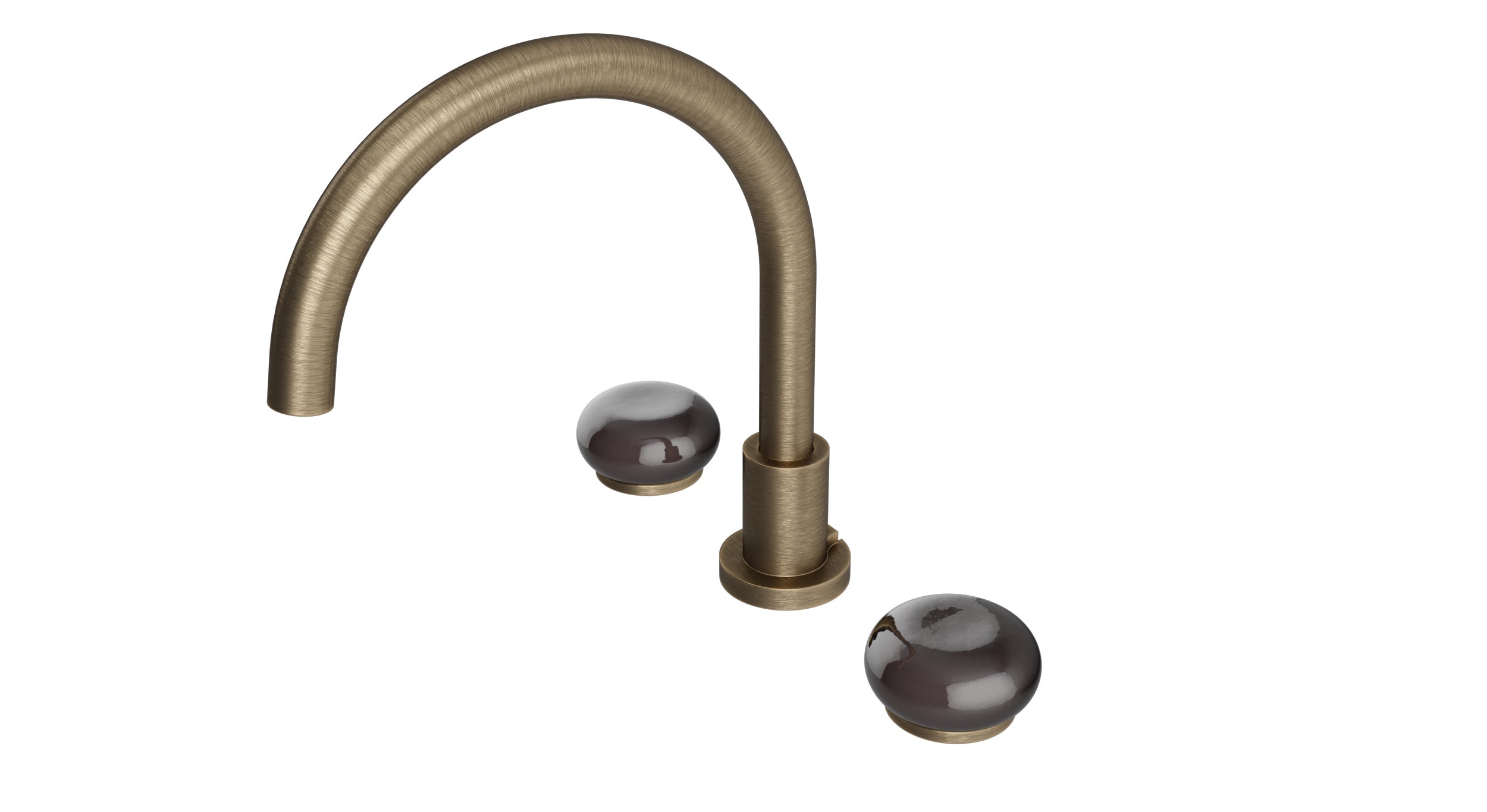 Foundry Two Handle Deck Mount Gooseneck Bath Trim with Pebble Ceramic Knob Handles in Antique Brass